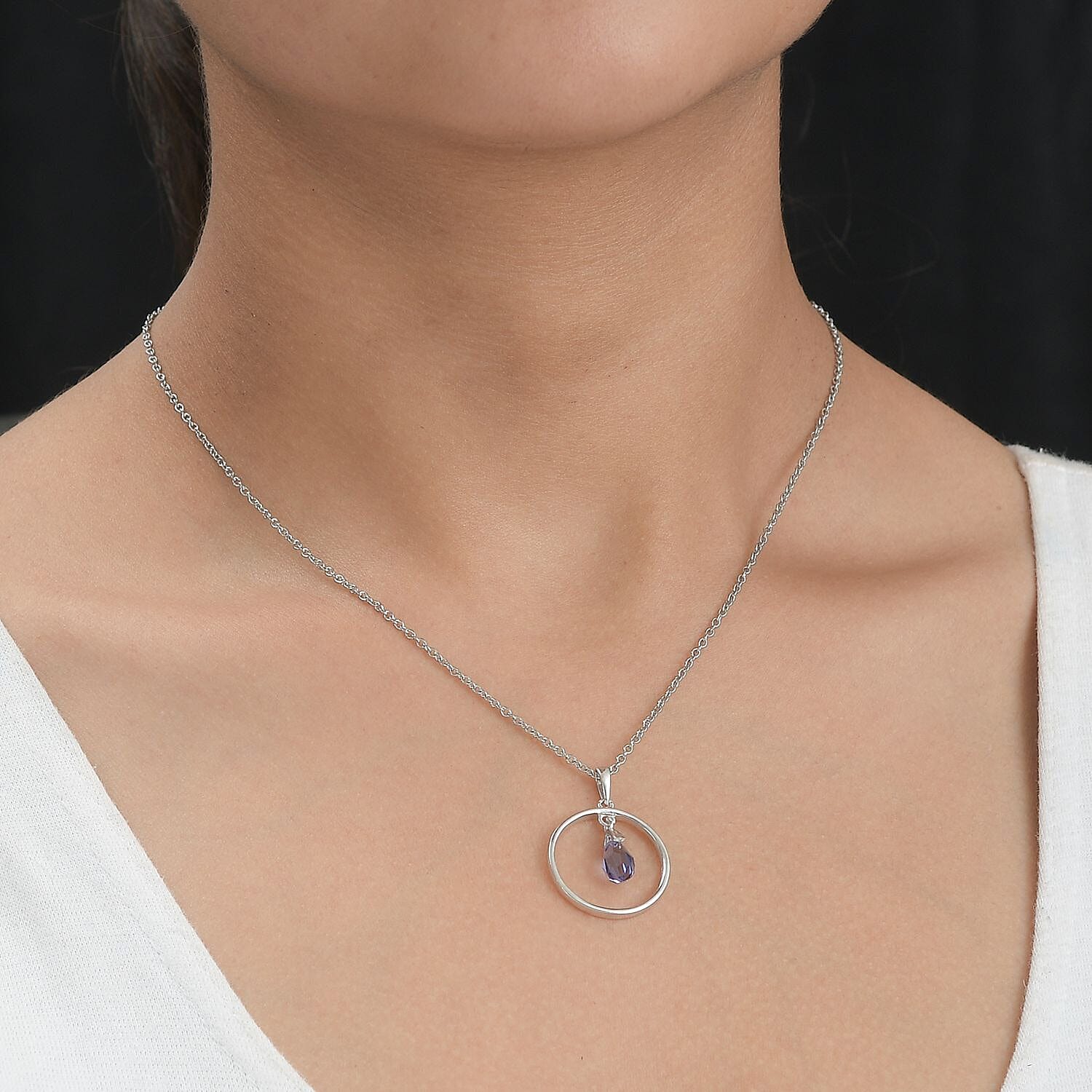 Tanzanite Finest Austrian Crystal Solitaire Pendant with Chain (Size 20) in Platinum Overlay Sterling Silver