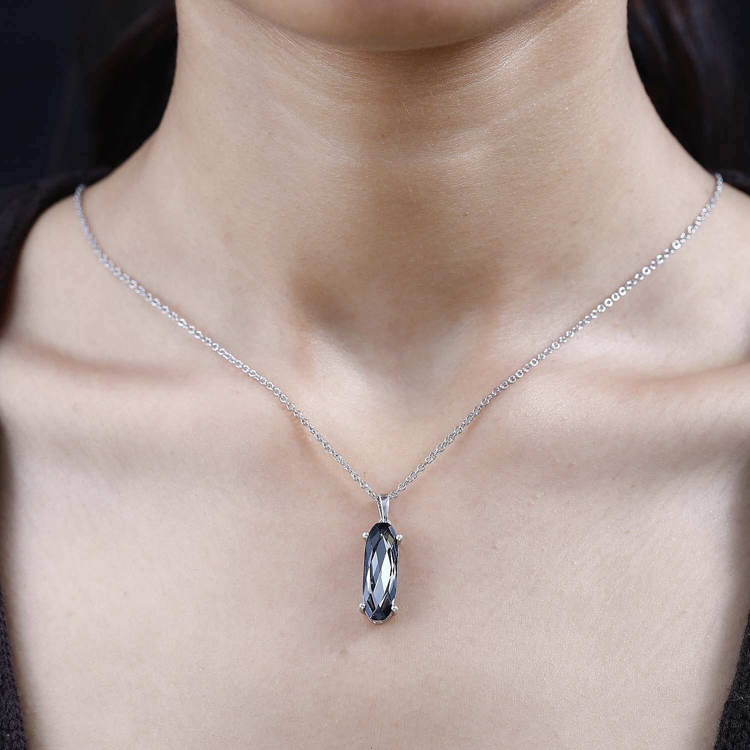 Silver Night Austrian Crystal Platinum Overlay Sterling Silver Solitaire Pendant with Chain (Size 20)