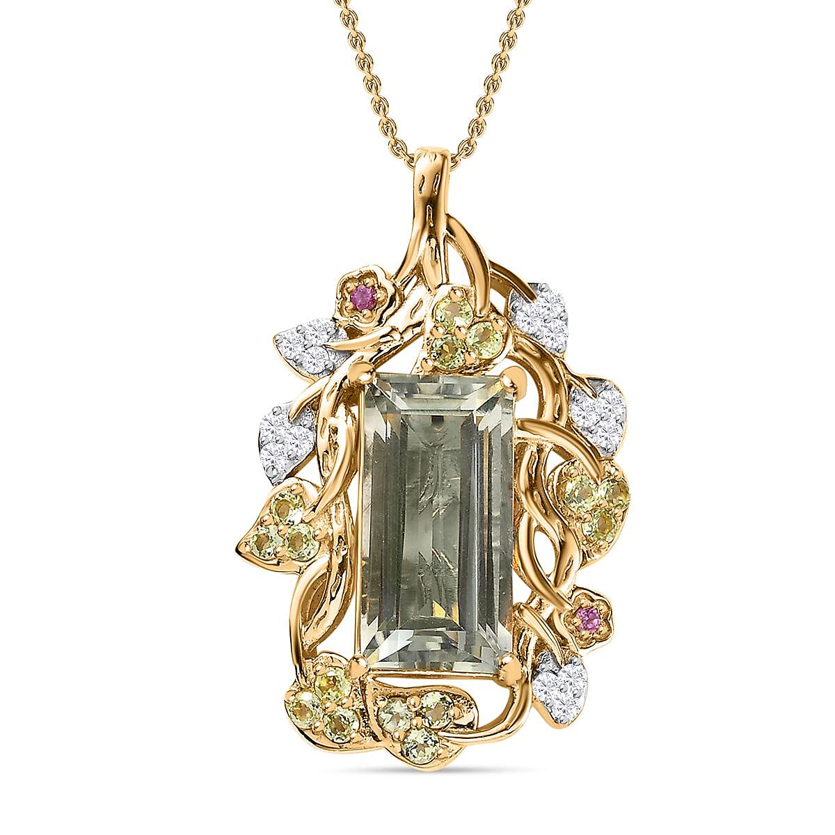 GP Italian Garden Collection - Prasiolite & Multi Gemstone Pendant with Chain (Size 20) in 18K Vermeil Yellow Gold Plated Sterling Silver 7.34 Ct, Silver Wt. 7.90 Gms