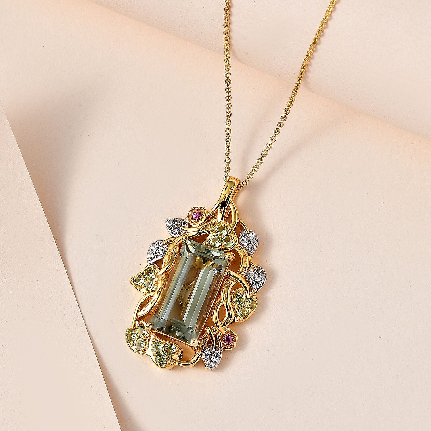 GP Italian Garden Collection - Prasiolite & Multi Gemstone Pendant with Chain (Size 20) in 18K Vermeil Yellow Gold Plated Sterling Silver 7.34 Ct, Silver Wt. 7.90 Gms