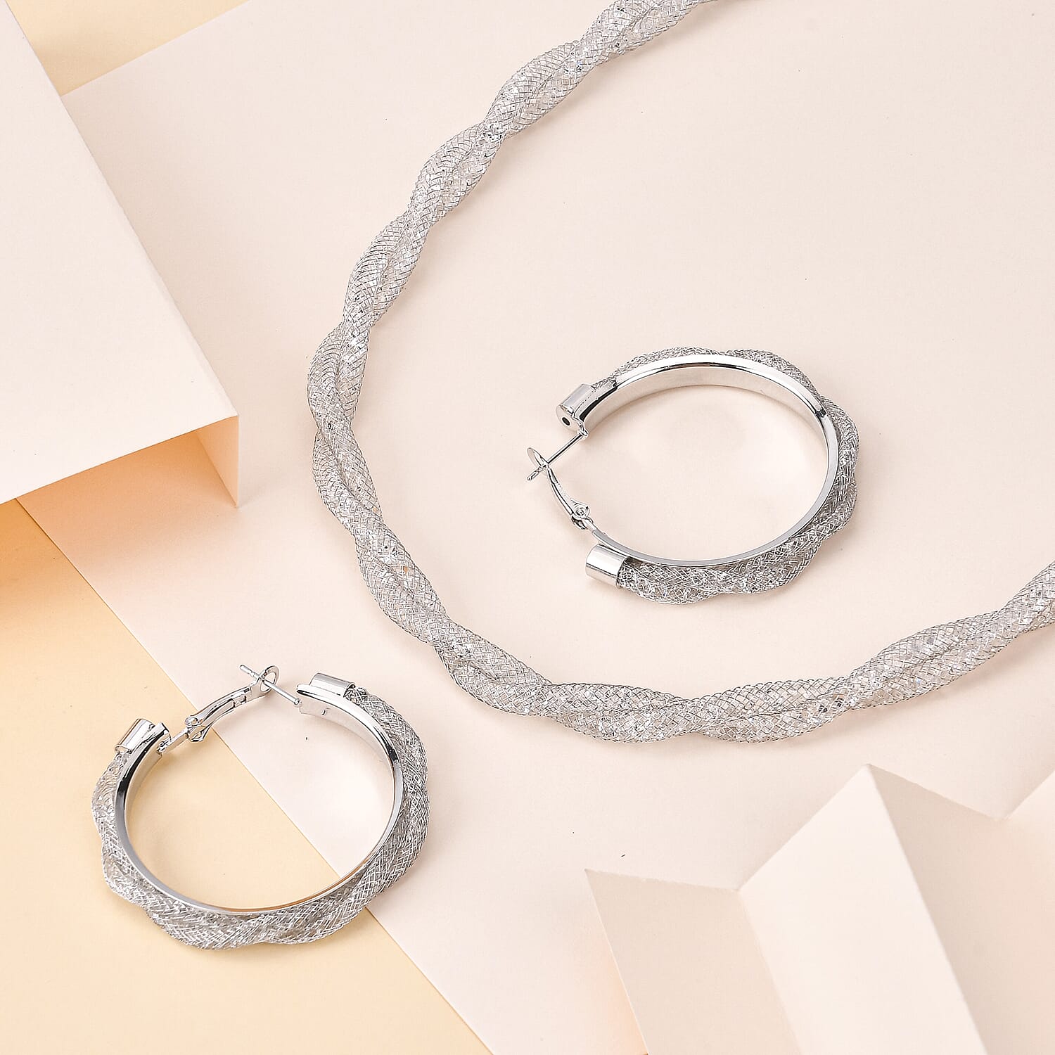 2 Piece Set - White Crystal Necklace and Earring Pure White Brass 0.020 Ct.