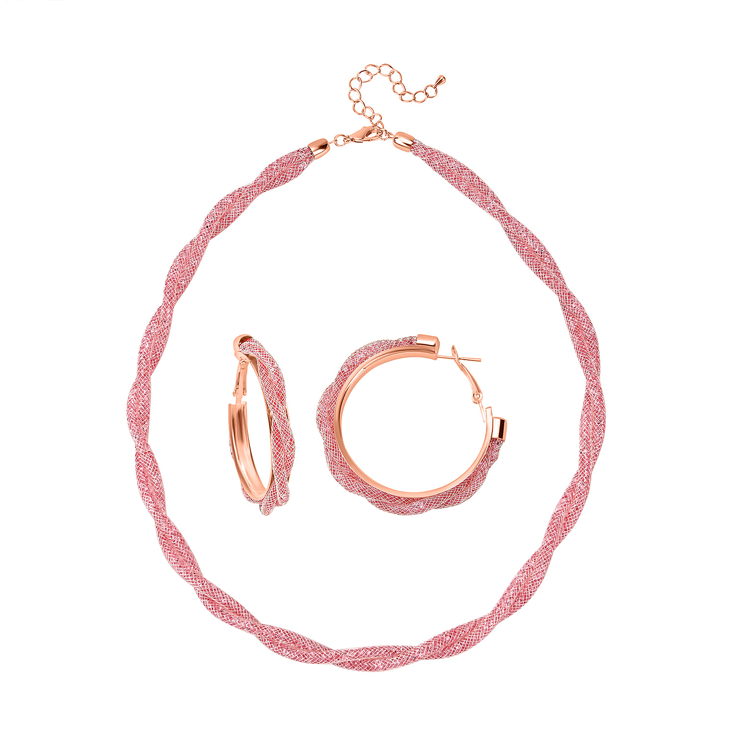 One Time Closeout- 2 Piece Set - Pink Austrian Tuscan Crochet Hoop Earrings and Necklace (Size 20-2 Ext)