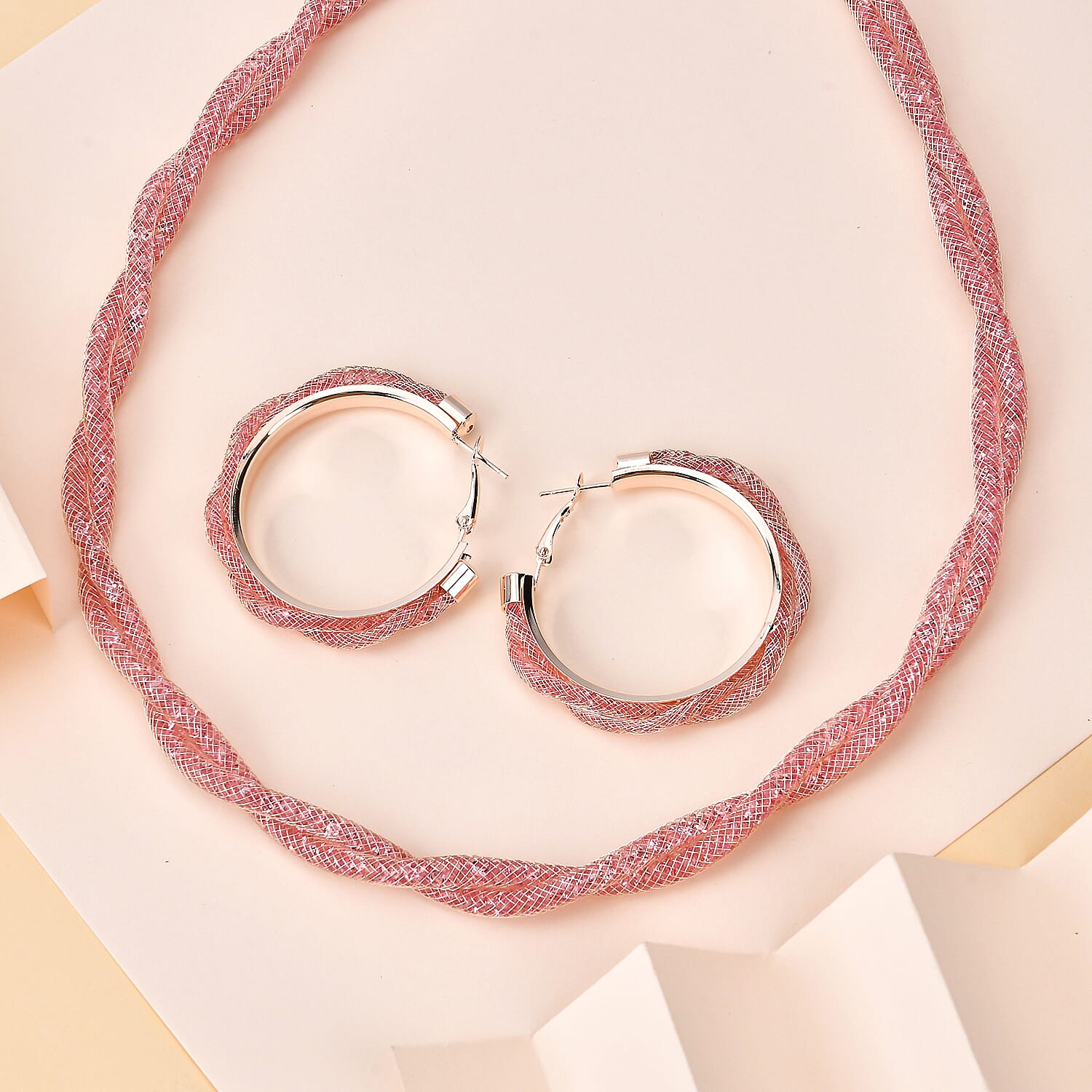One Time Closeout- 2 Piece Set - Pink Austrian Tuscan Crochet Hoop Earrings and Necklace (Size 20-2 Ext)