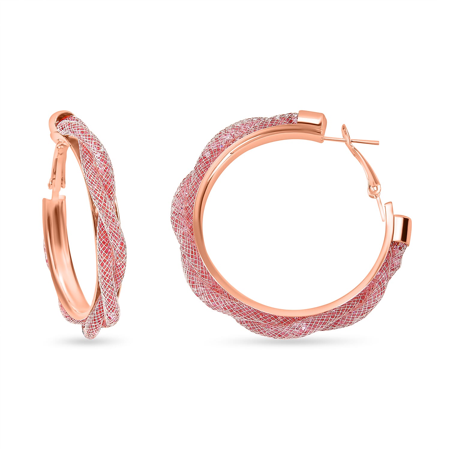 One Time Closeout- 2 Piece Set - Pink Austrian Tuscan Crochet Hoop Earrings and Necklace (Size 20-2 Ext)