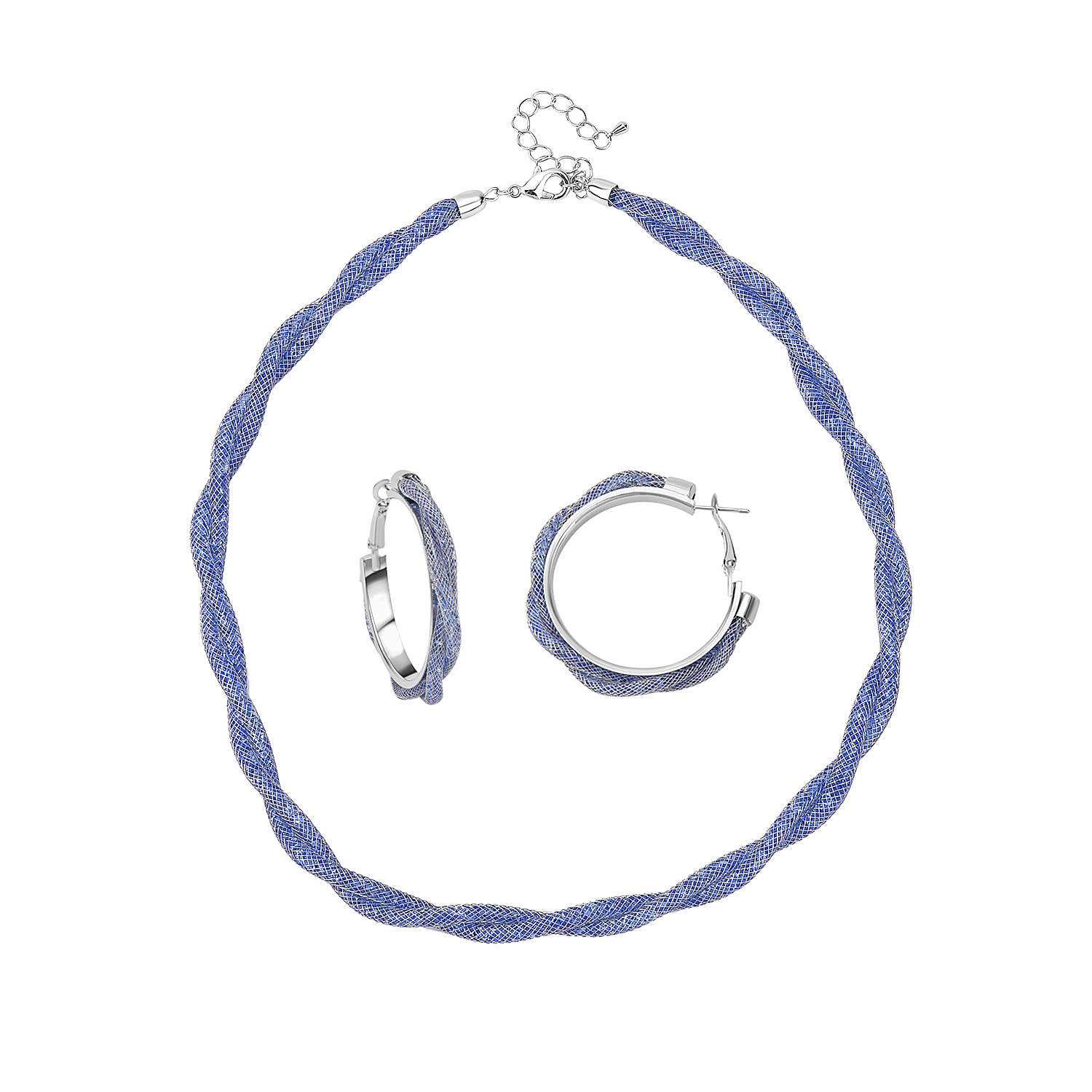 One Time Closeout - 2 Piece Set - Blue Austrian Tuscan Croche Hoop Earrings and Necklace (Size 20-2 Ext)