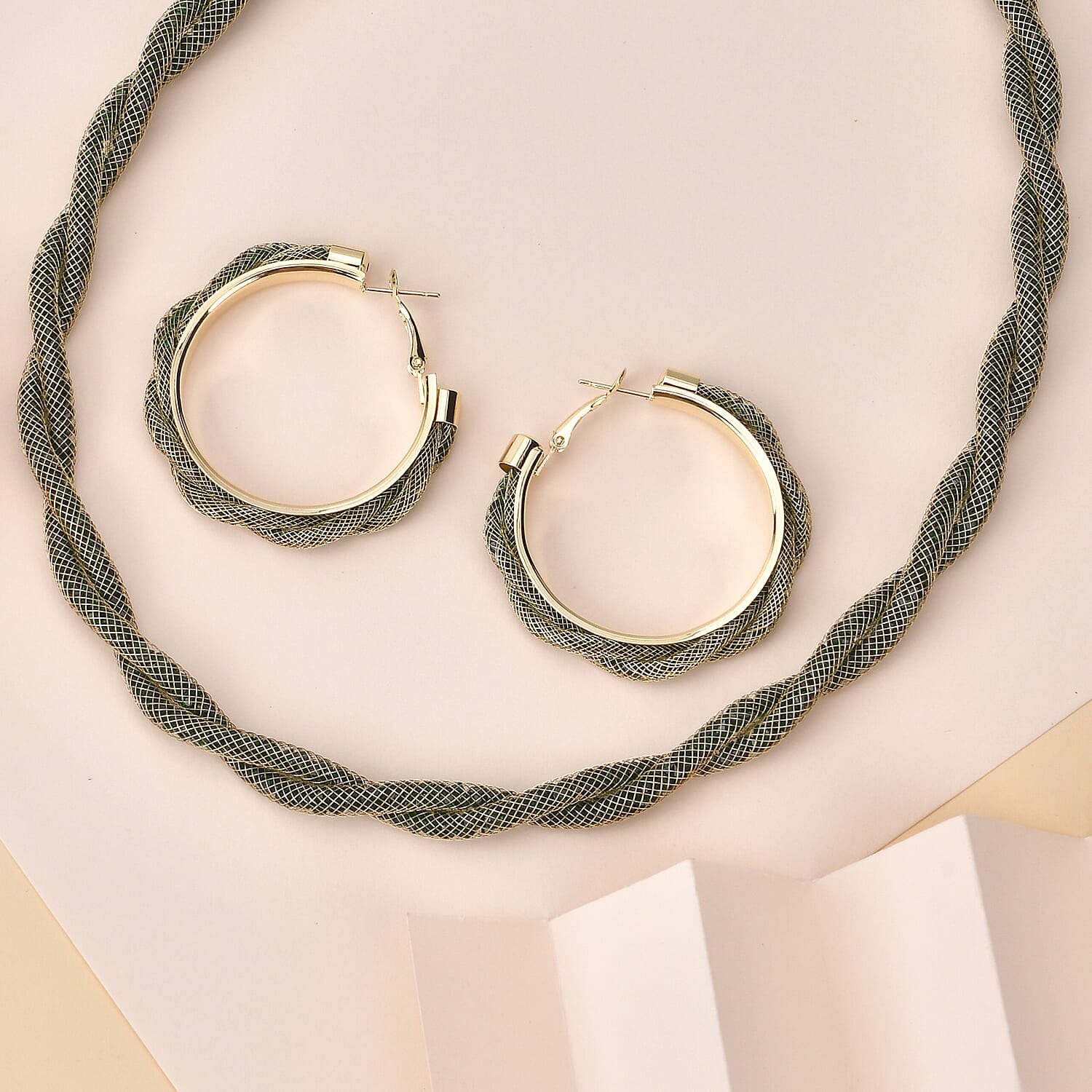 One Time Closeout - 2 Piece Set - Green Austrian Tuscan Croche Hoop Earrings and Necklace (Size 20-2 Ext)