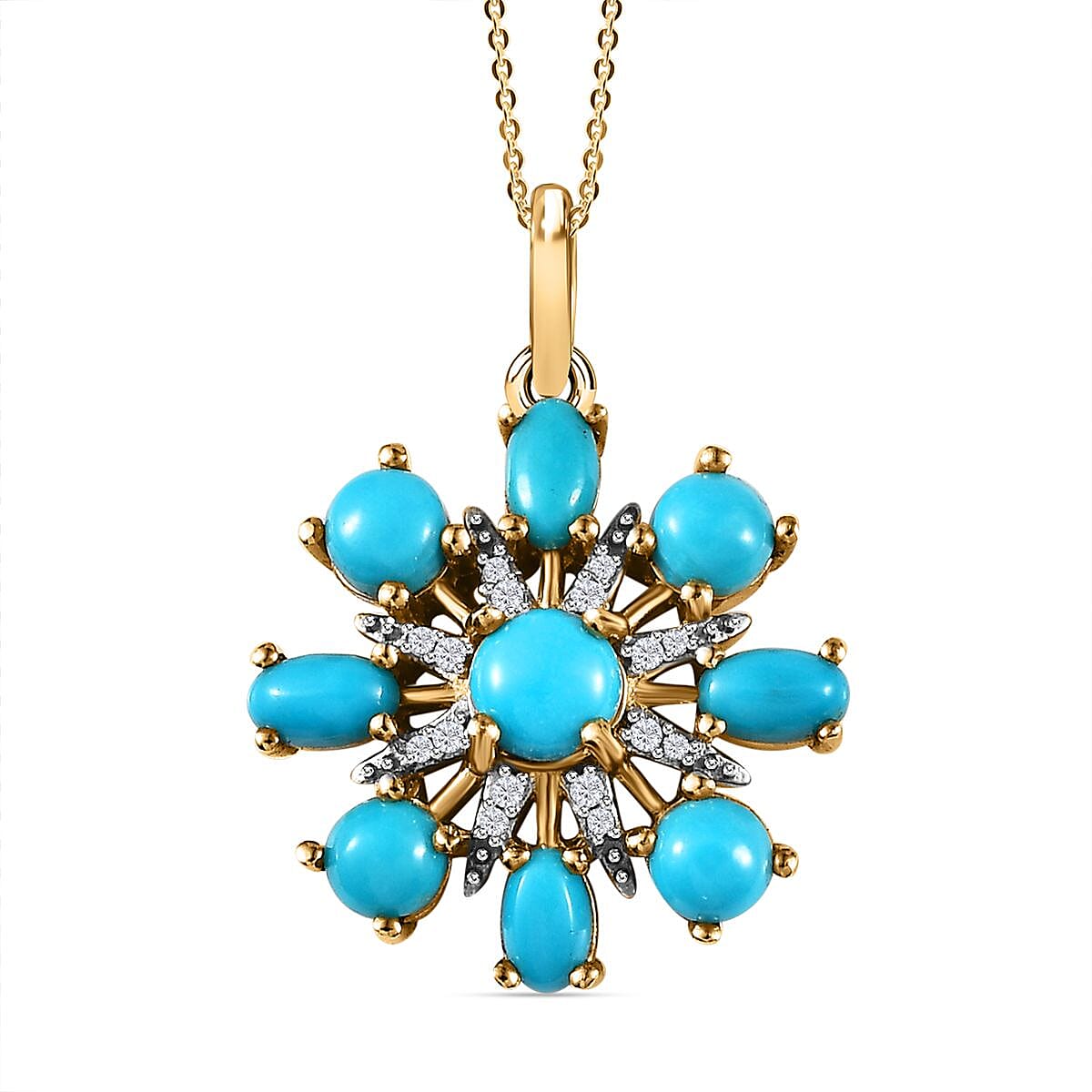 Tucson Special - Arizona Sleeping Beauty Turquoise & Natural Zircon Pendant with Chain in 18K Yellow Gold Vermeil Plated Sterling Silver 2.70 Ct, Silver Wt 5.67 GM