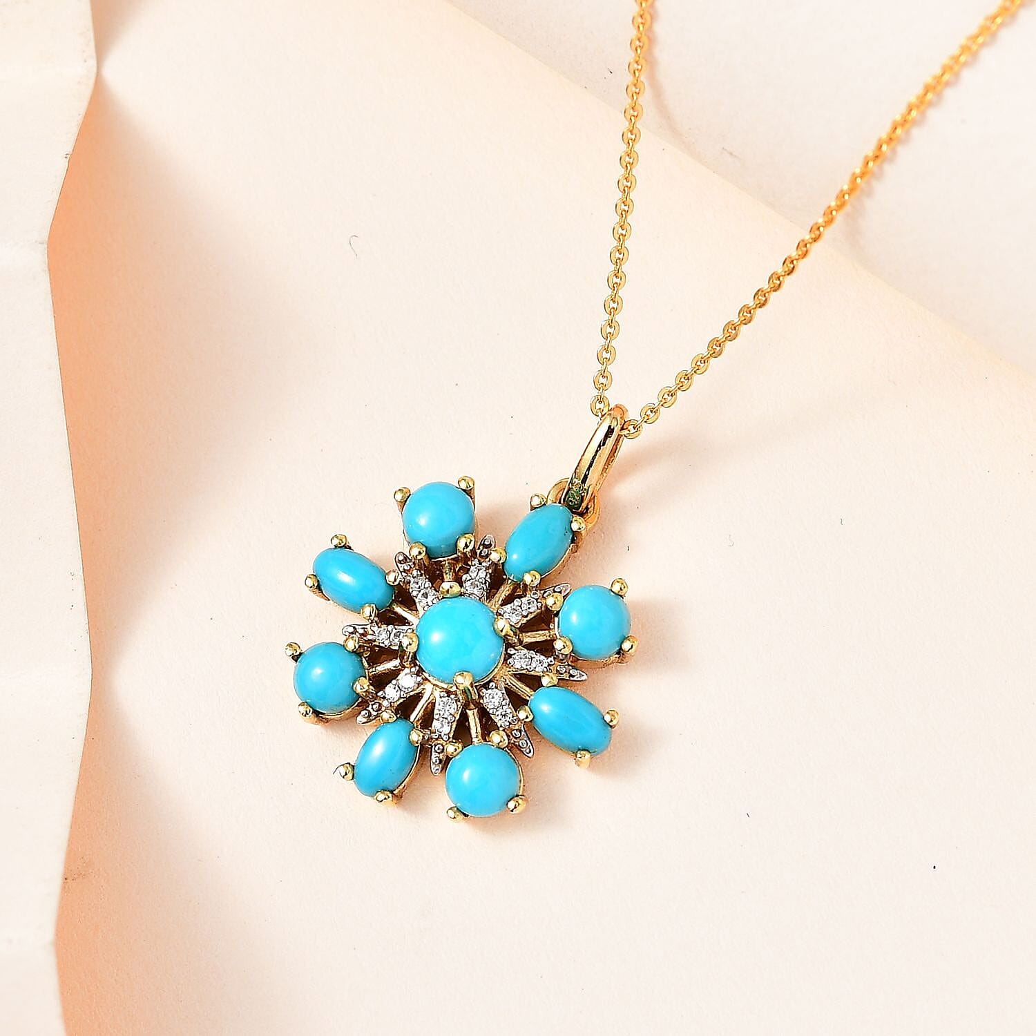 Tucson Special - Arizona Sleeping Beauty Turquoise & Natural Zircon Pendant with Chain in 18K Yellow Gold Vermeil Plated Sterling Silver 2.70 Ct, Silver Wt 5.67 GM