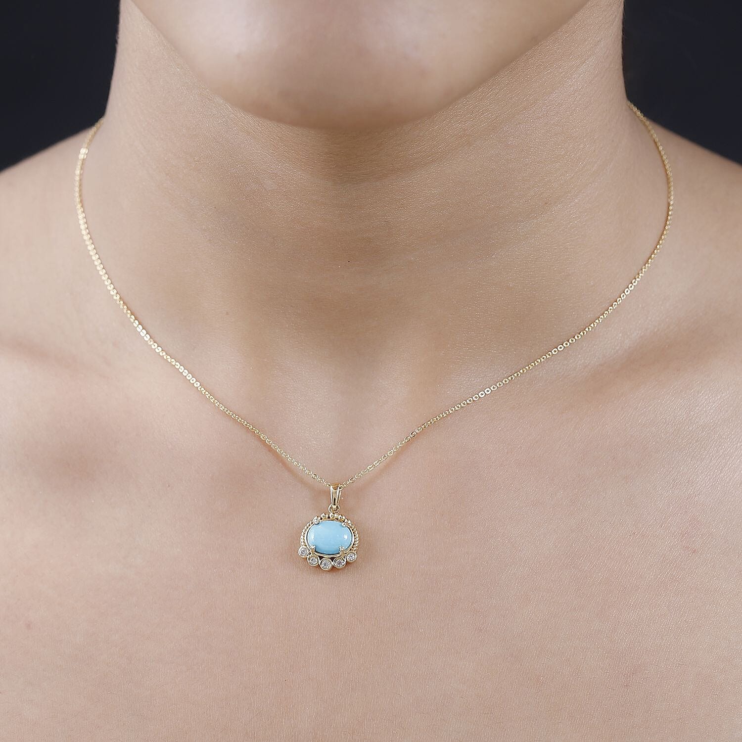 Arizona Sleeping Beauty Turquoise & Natural Zircon Pendant with Chain (Size 20) in 18K Yellow Gold Vermeil Plated Sterling Silver 2.08 Ct.
