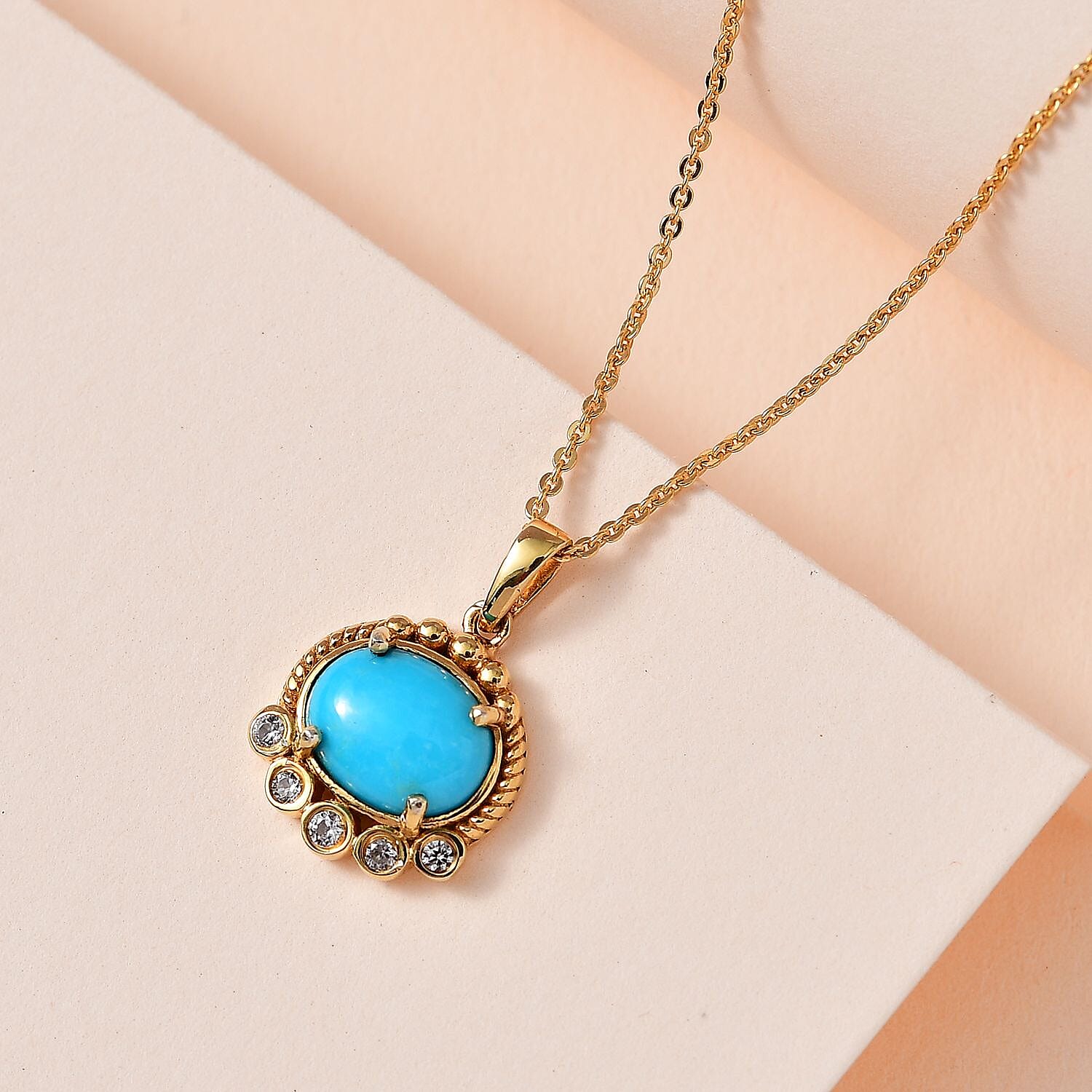 Arizona Sleeping Beauty Turquoise & Natural Zircon Pendant with Chain (Size 20) in 18K Yellow Gold Vermeil Plated Sterling Silver 2.08 Ct.