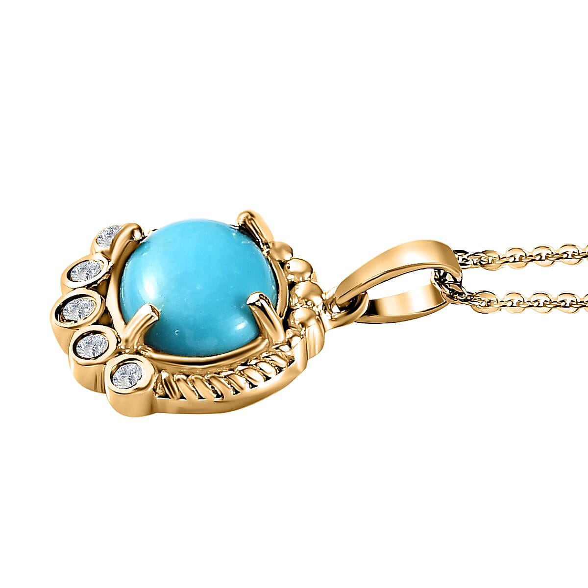Arizona Sleeping Beauty Turquoise & Natural Zircon Pendant with Chain (Size 20) in 18K Yellow Gold Vermeil Plated Sterling Silver 2.08 Ct.