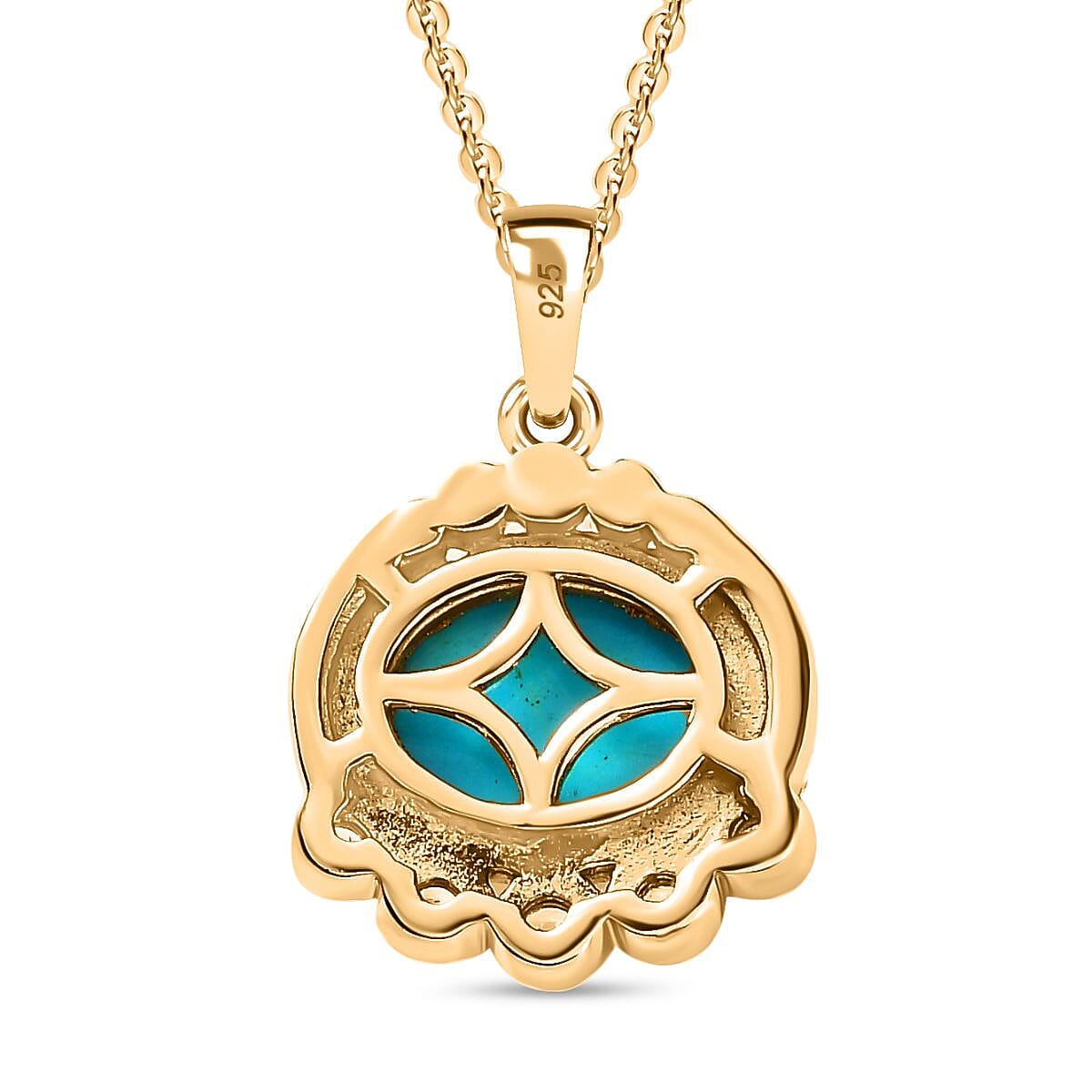 Arizona Sleeping Beauty Turquoise & Natural Zircon Pendant with Chain (Size 20) in 18K Yellow Gold Vermeil Plated Sterling Silver 2.08 Ct.