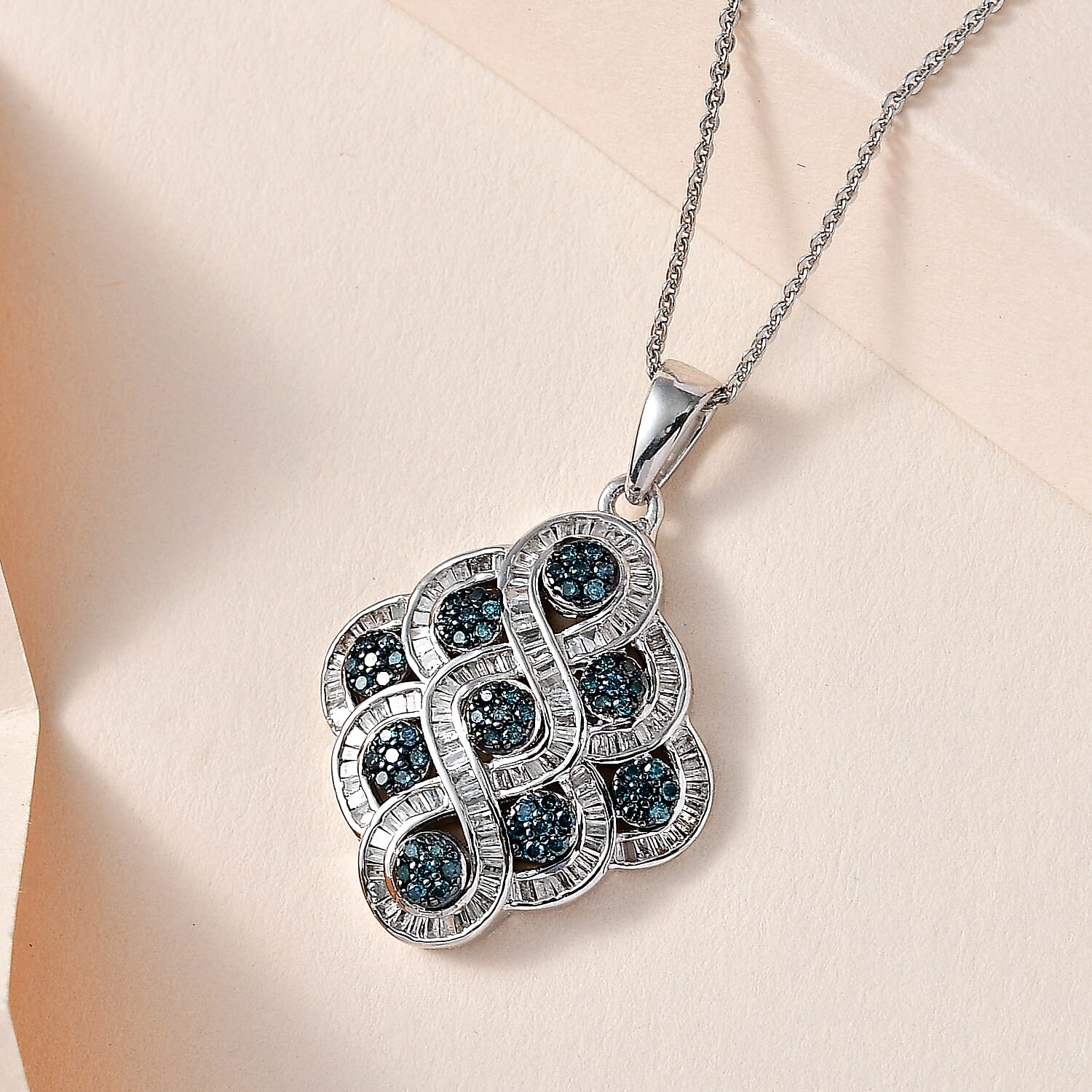 Designer Inspired Blue & White Diamond Pendant with Chain (Size 20) in Platinum Overlay Sterling Silver 1.00 Ct.