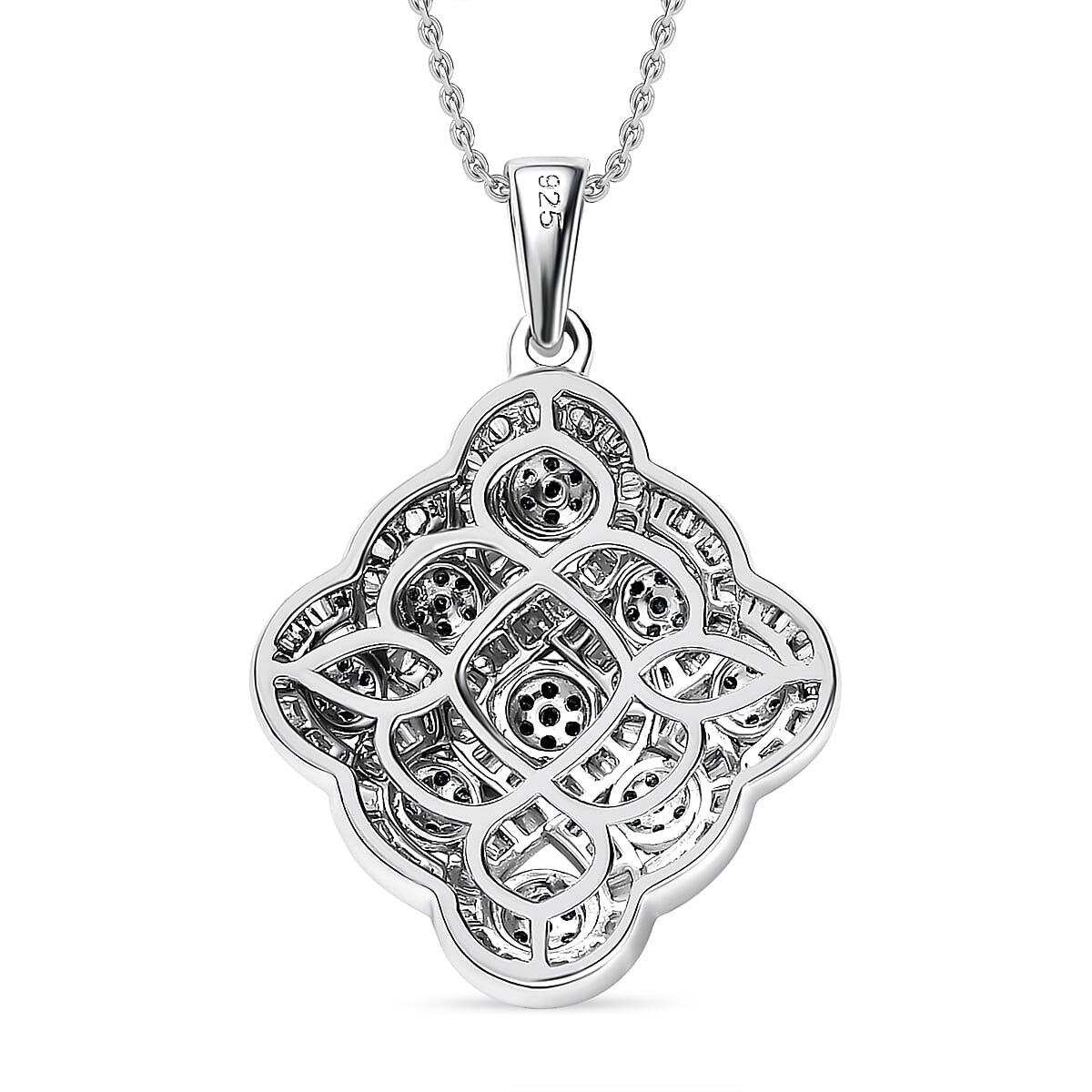 Designer Inspired Blue & White Diamond Pendant with Chain (Size 20) in Platinum Overlay Sterling Silver 1.00 Ct.