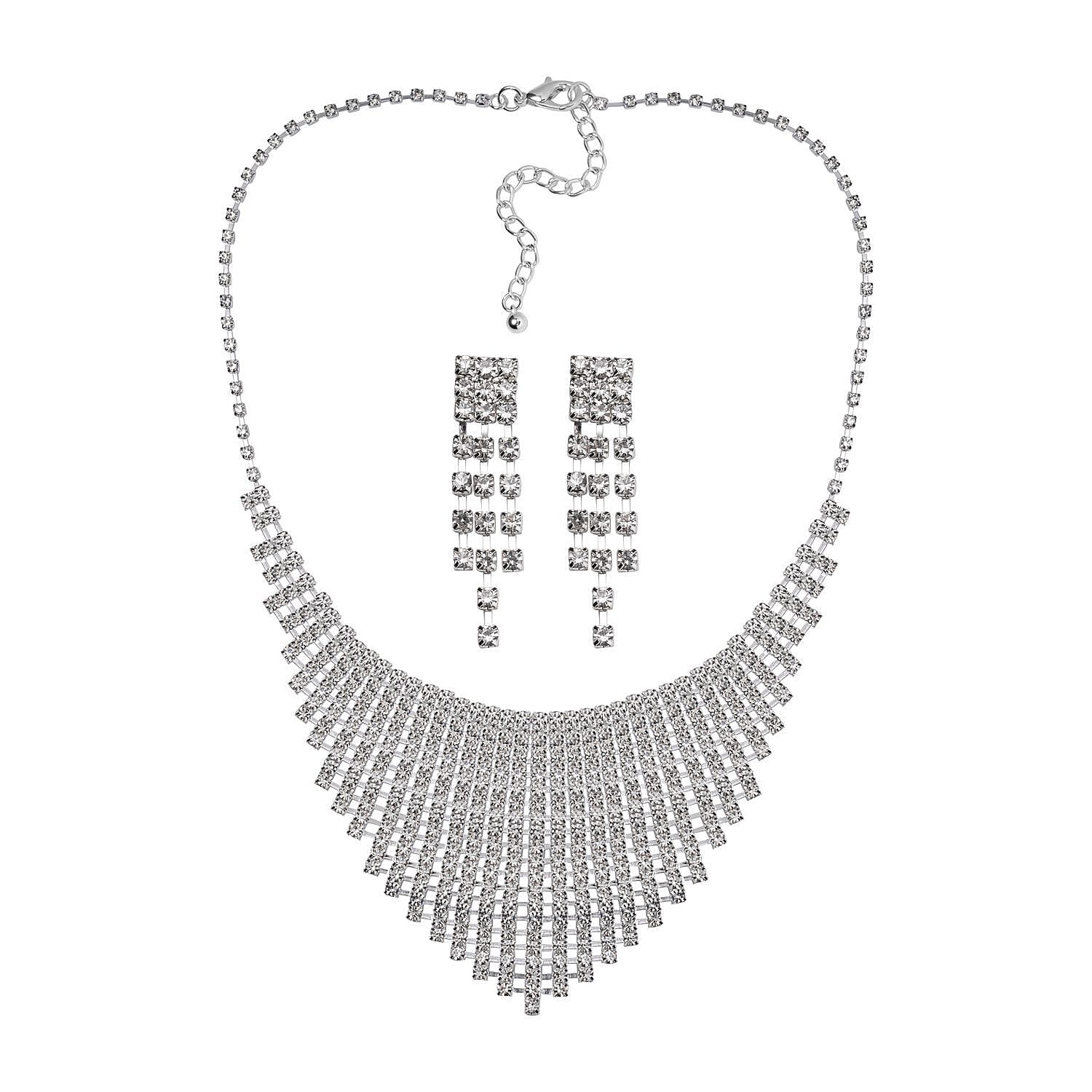 2 Piece Set -  White Austrian Crystal Fringe Necklace (Size 20-2 Inch Ext.) and Dangle Earrings