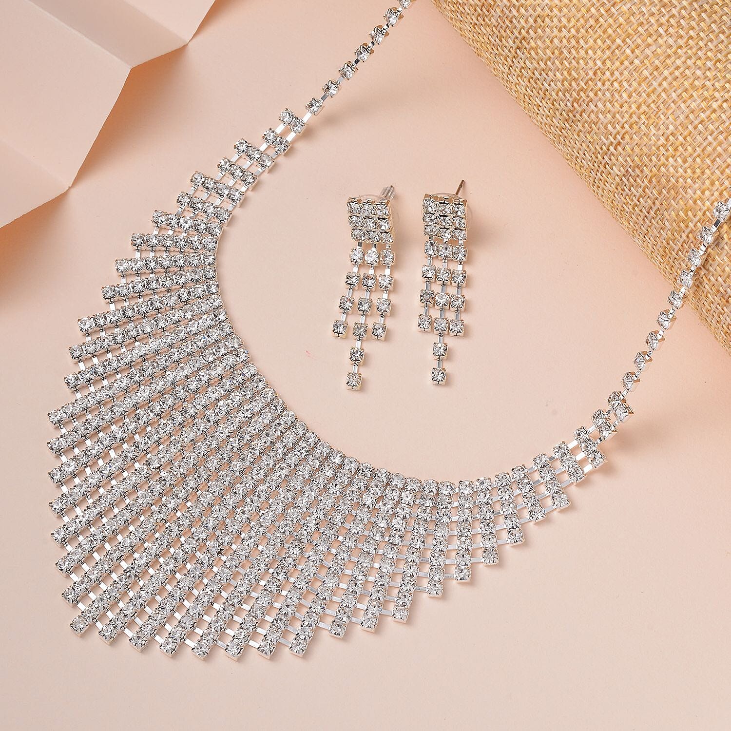 2 Piece Set -  White Austrian Crystal Fringe Necklace (Size 20-2 Inch Ext.) and Dangle Earrings