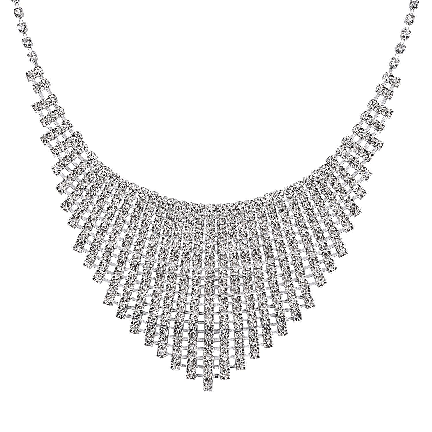 2 Piece Set -  White Austrian Crystal Fringe Necklace (Size 20-2 Inch Ext.) and Dangle Earrings