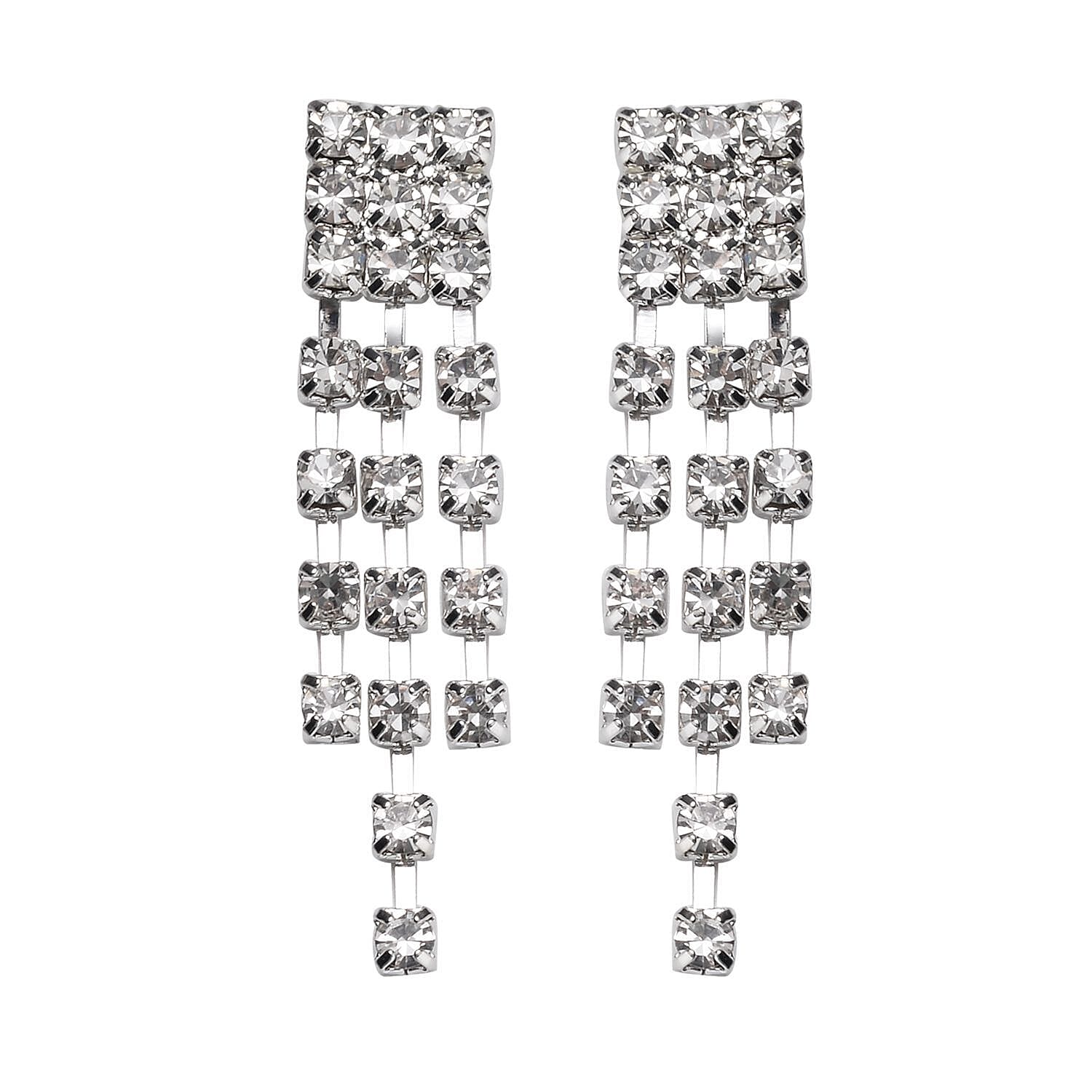 2 Piece Set -  White Austrian Crystal Fringe Necklace (Size 20-2 Inch Ext.) and Dangle Earrings