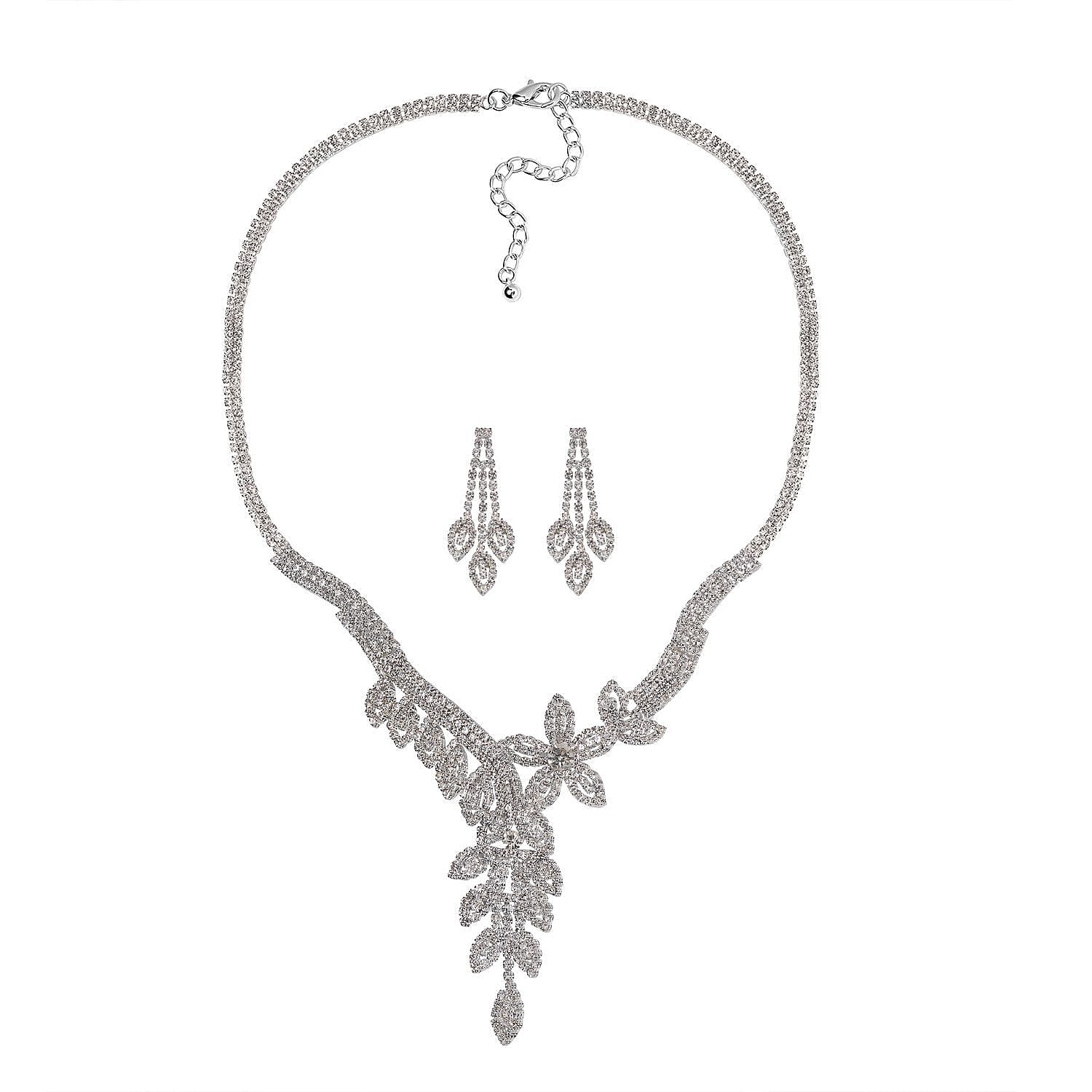 2 Piece Set - White Austrian Crystal Floral Statement Necklace (Size 20-2 Inch Ext.) and Dangle Earrings in Silver Tone