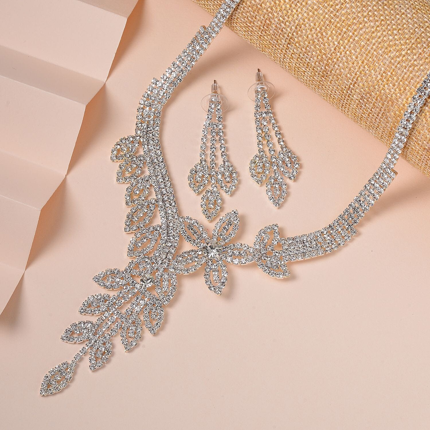 2 Piece Set - White Austrian Crystal Floral Statement Necklace (Size 20-2 Inch Ext.) and Dangle Earrings in Silver Tone