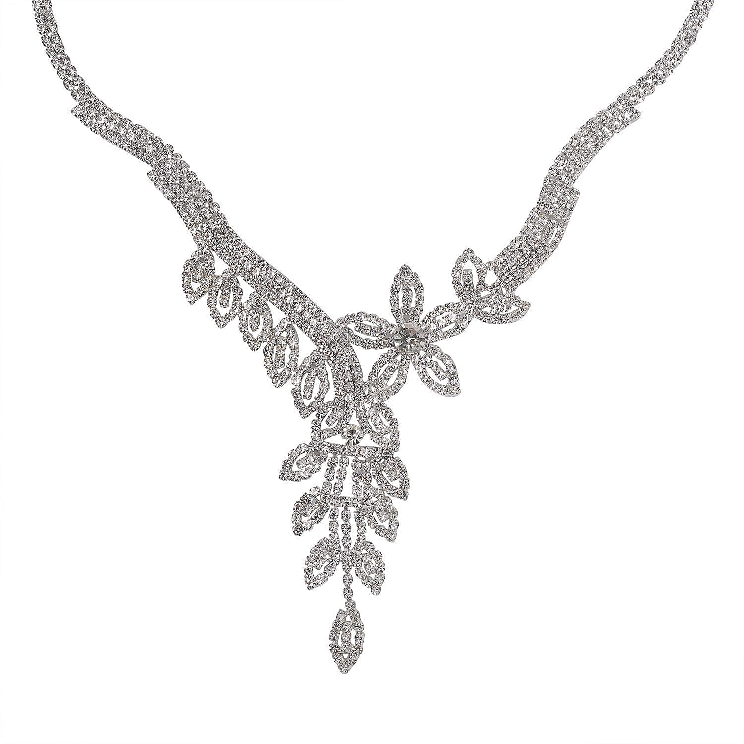 2 Piece Set - White Austrian Crystal Floral Statement Necklace (Size 20-2 Inch Ext.) and Dangle Earrings in Silver Tone