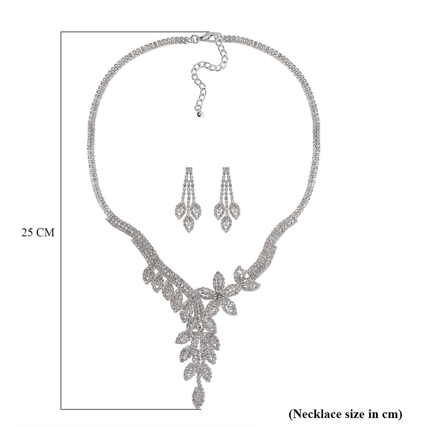 2 Piece Set - White Austrian Crystal Floral Statement Necklace (Size 20-2 Inch Ext.) and Dangle Earrings in Silver Tone