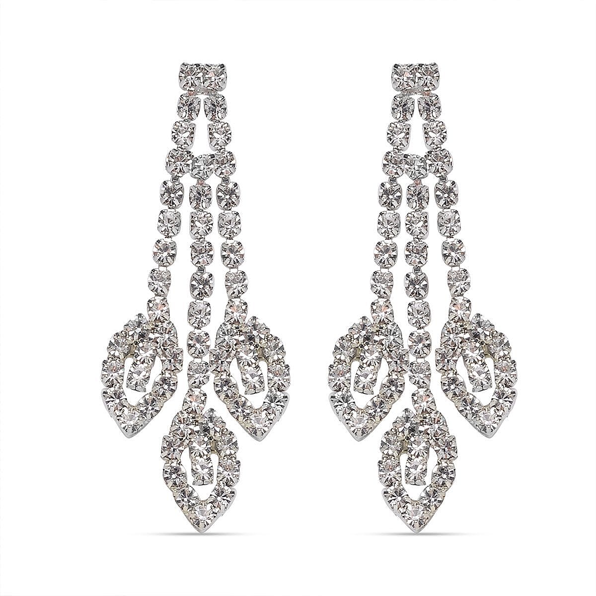 2 Piece Set - White Austrian Crystal Floral Statement Necklace (Size 20-2 Inch Ext.) and Dangle Earrings in Silver Tone