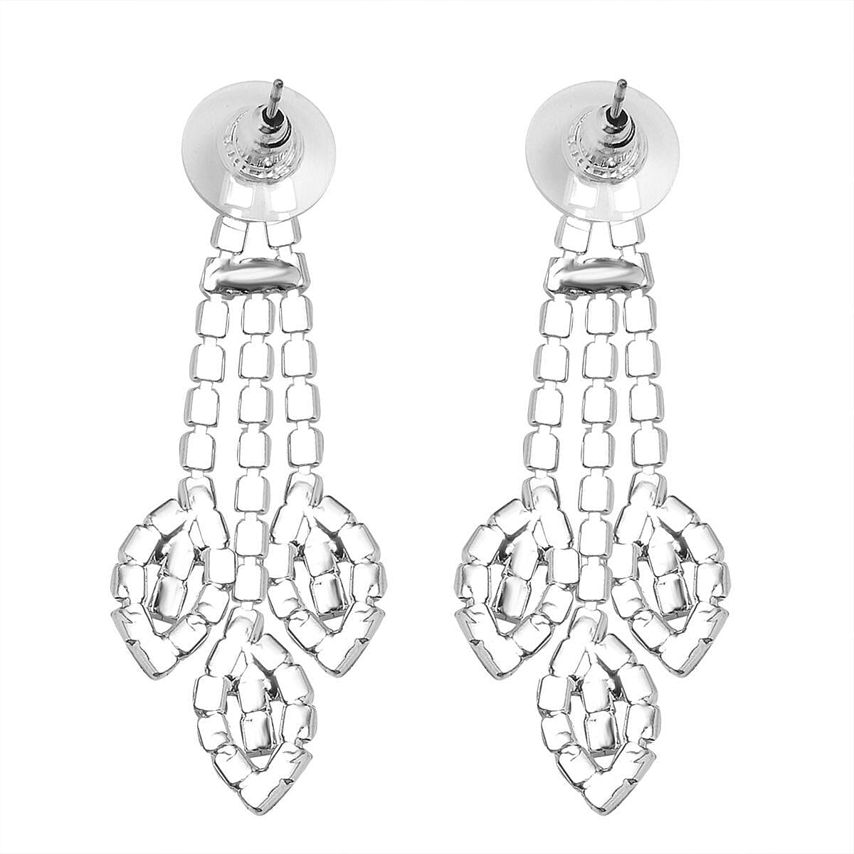 2 Piece Set - White Austrian Crystal Floral Statement Necklace (Size 20-2 Inch Ext.) and Dangle Earrings in Silver Tone