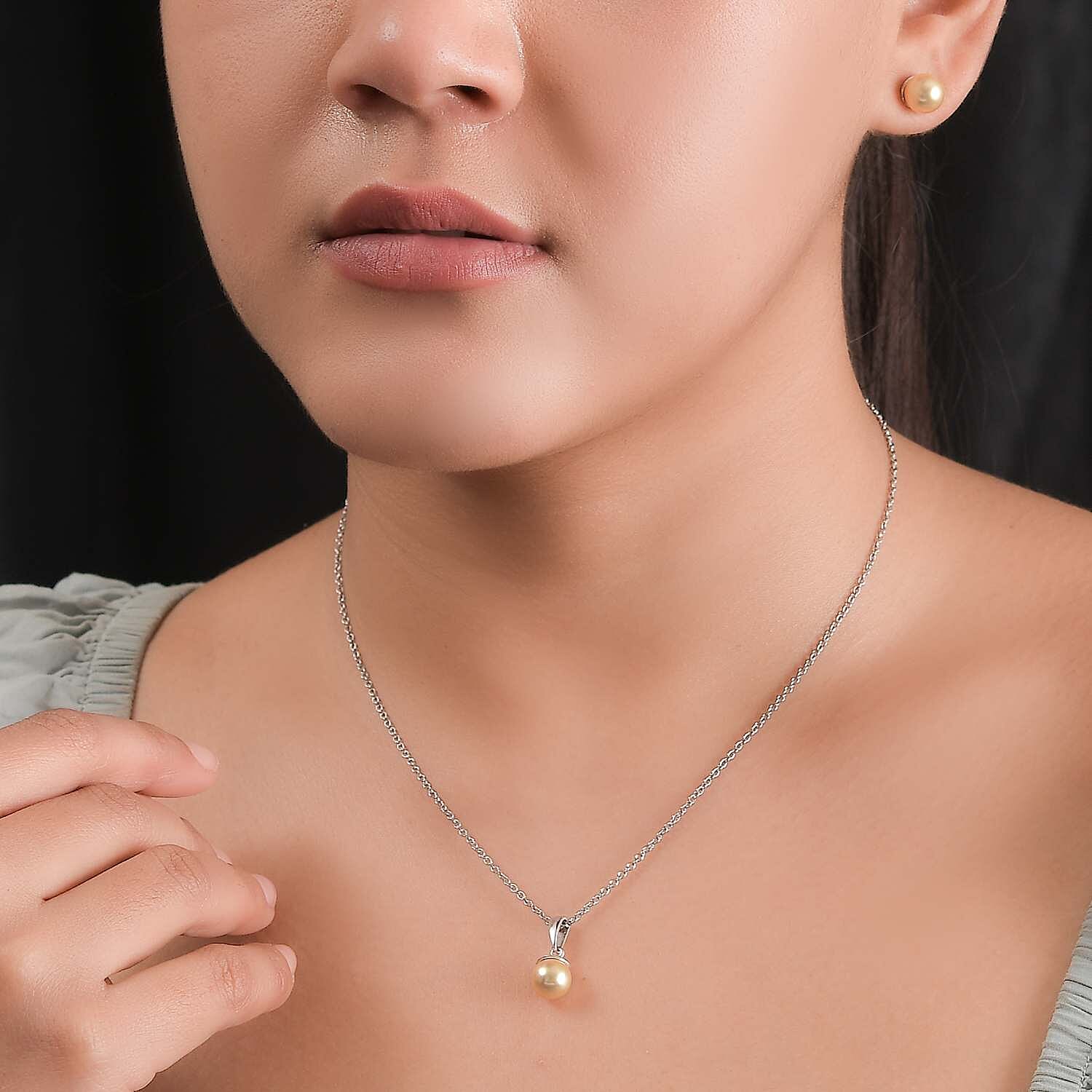 2 Piece Set - Gold Pearl Finest Crystal Earring,Pendant with Chain (Size 20) in Platinum Overlay Sterling Silver 22.500 Ct.