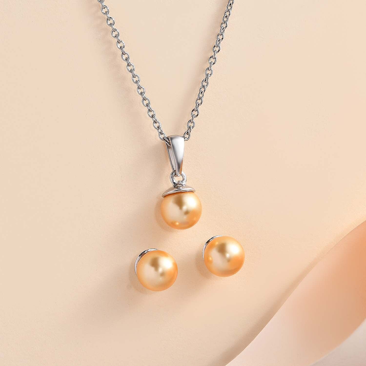 2 Piece Set - Gold Pearl Finest Crystal Earring,Pendant with Chain (Size 20) in Platinum Overlay Sterling Silver 22.500 Ct.