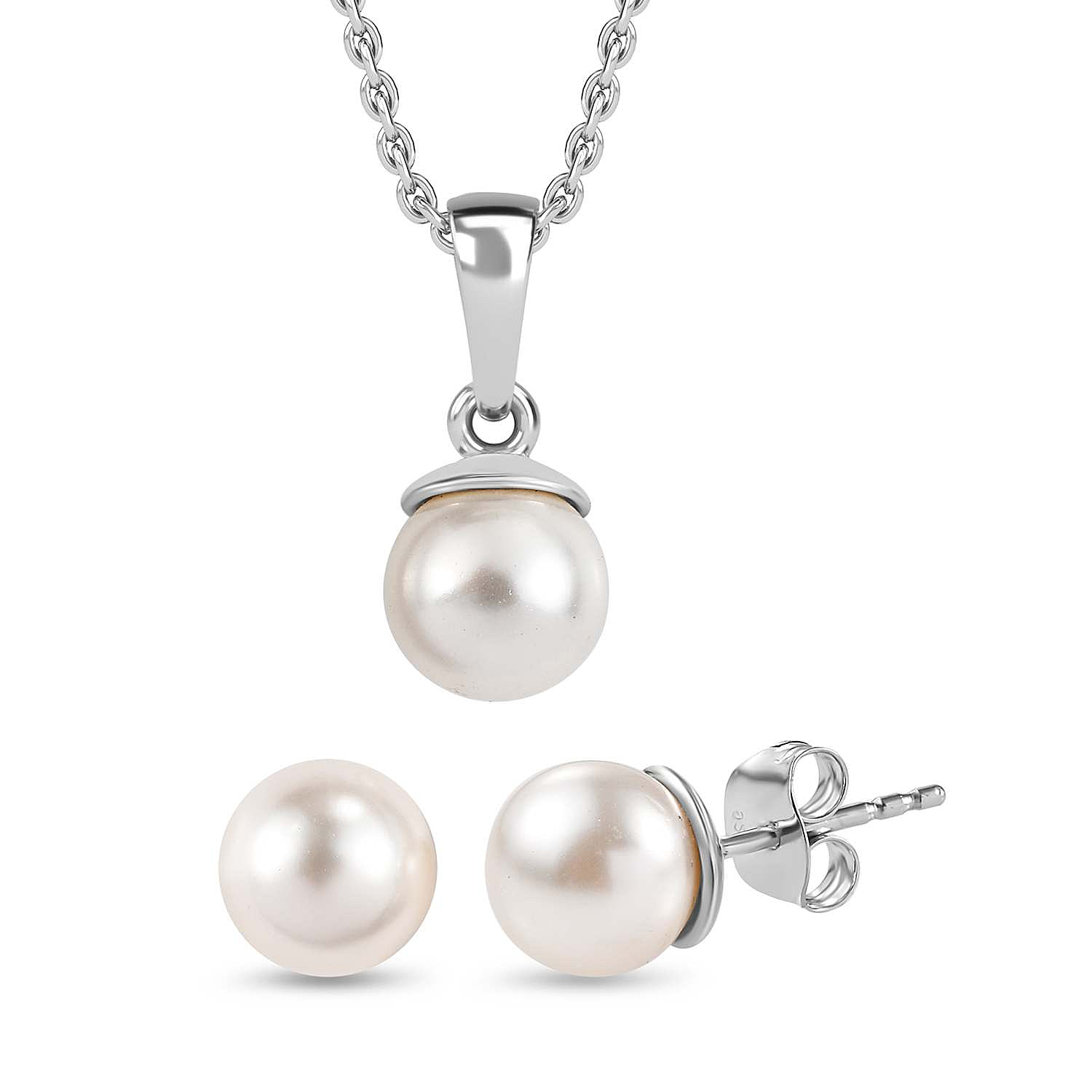 2 Piece Set - White Pearl Finest Austrian Crystal Earrings & Pendant with Chain (Size 20) in Platinum Overlay Sterling Silver