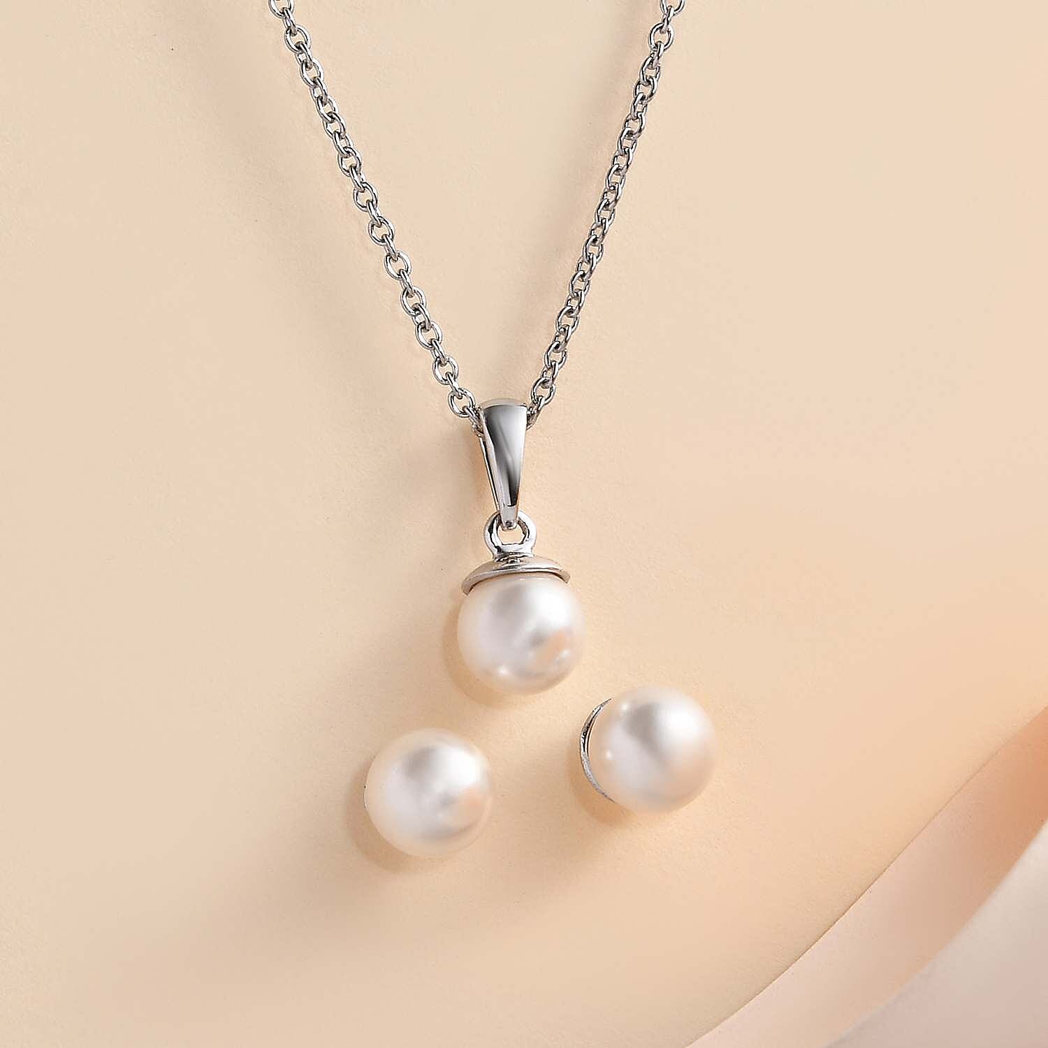 2 Piece Set - White Pearl Finest Austrian Crystal Earrings & Pendant with Chain (Size 20) in Platinum Overlay Sterling Silver