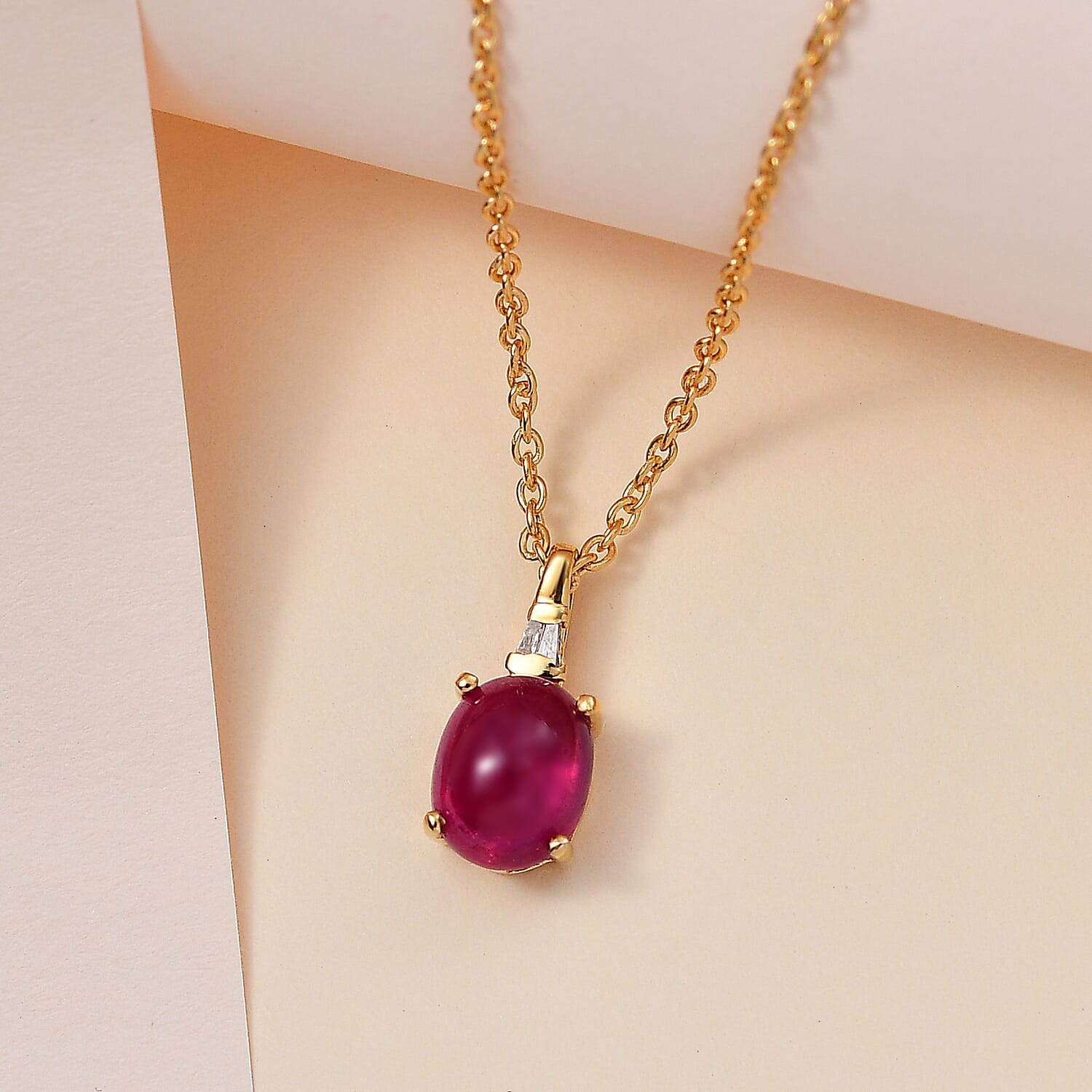 Ruby (FF) & Diamond Pendant with Chain (Size 20) 18K Yellow Gold Vermeil Plated Sterling Silver 2.82 Ct