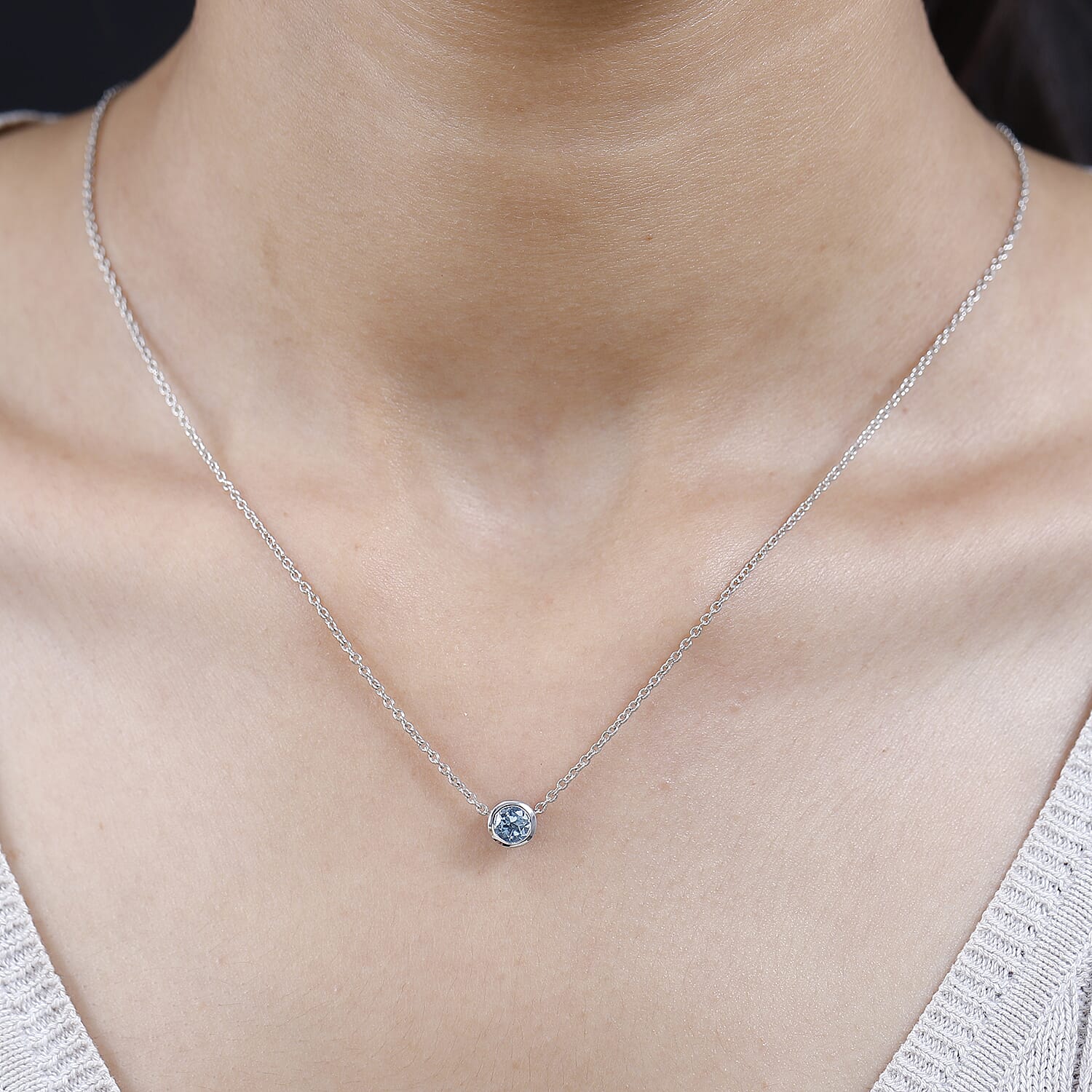 Rachel Galley - Aquamarine Solitaire Pendant with Chain (Size 20) in Rhodium Overlay Sterling Silver