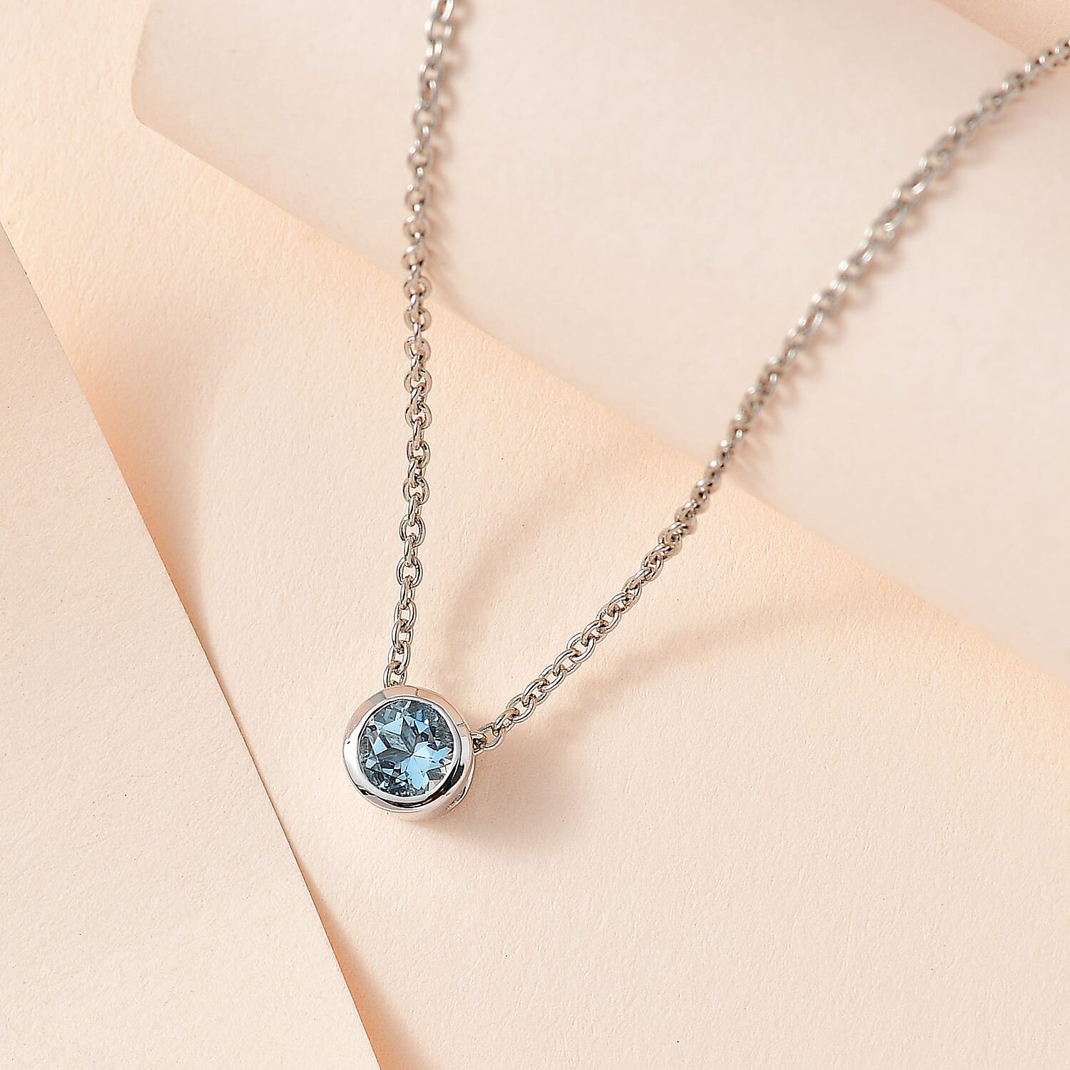Rachel Galley - Aquamarine Solitaire Pendant with Chain (Size 20) in Rhodium Overlay Sterling Silver