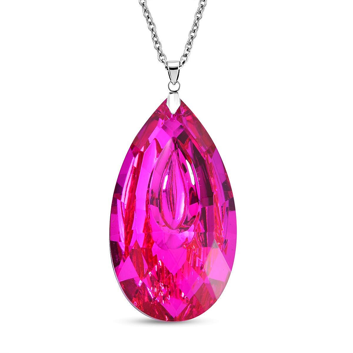 Simulated Pink Sapphire Teardrop Pendant with Stainless Steel Chain (Size 24) in Silver Tone