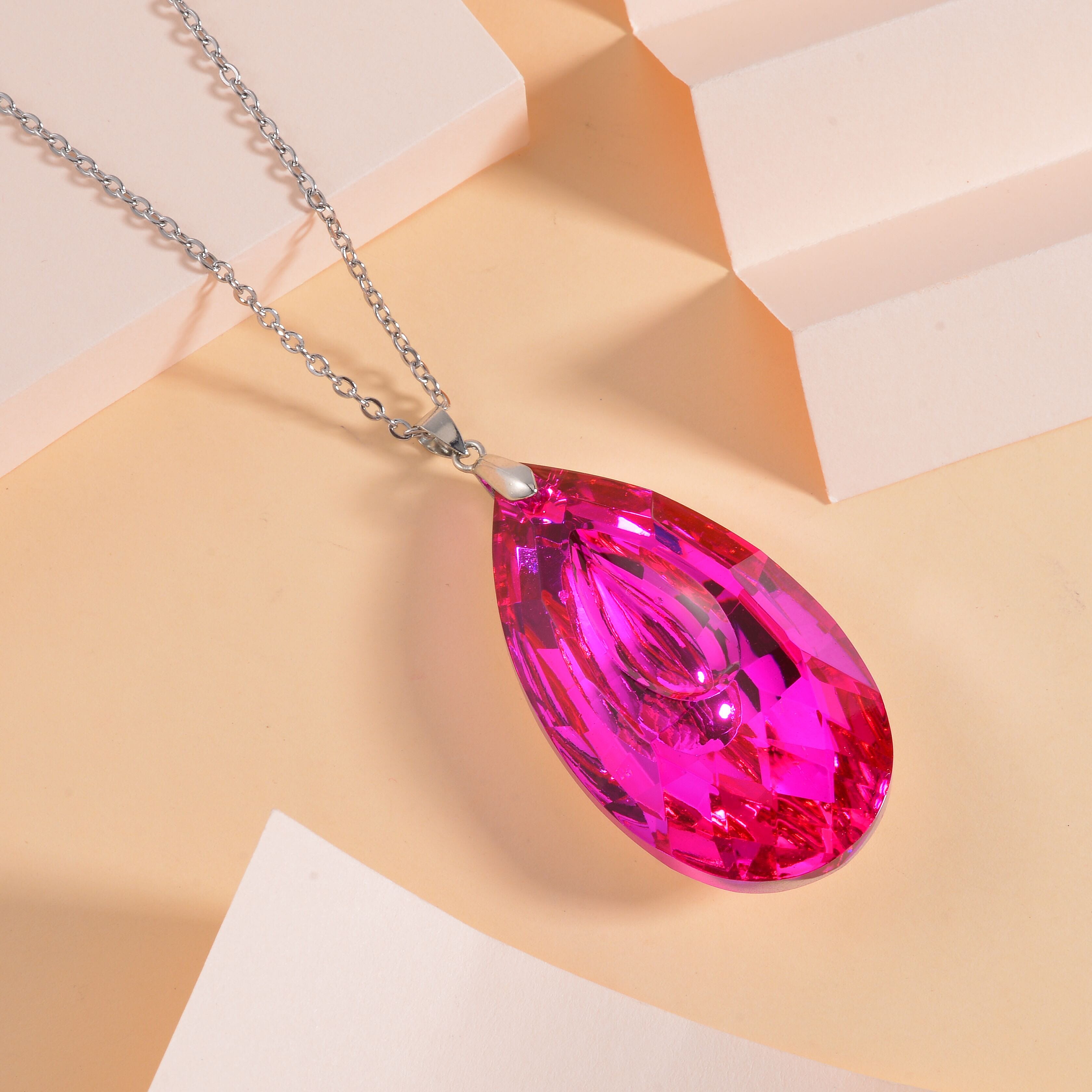 Simulated Pink Sapphire Teardrop Pendant with Stainless Steel Chain (Size 24) in Silver Tone