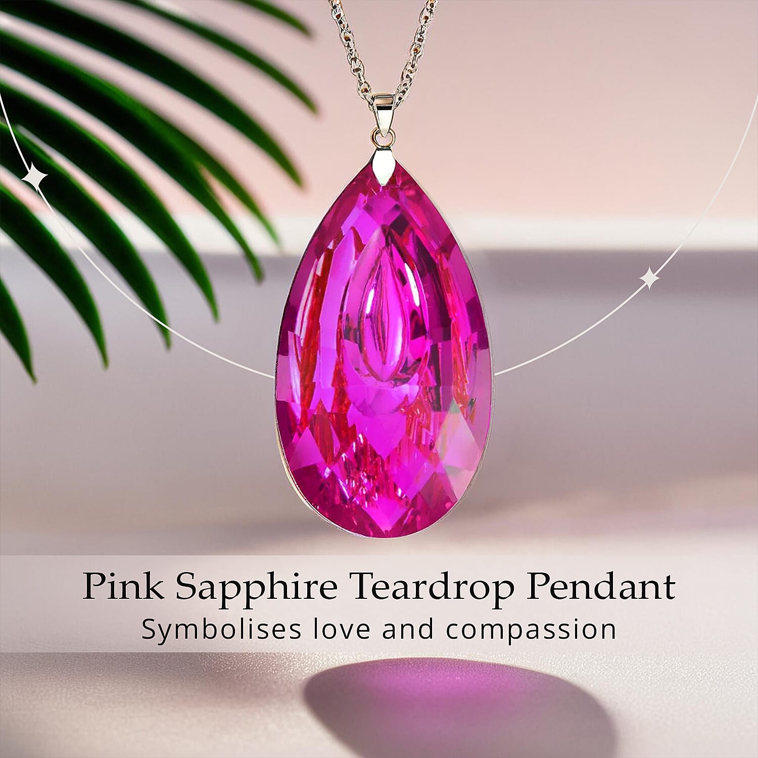 Simulated Pink Sapphire Teardrop Pendant with Stainless Steel Chain (Size 24) in Silver Tone