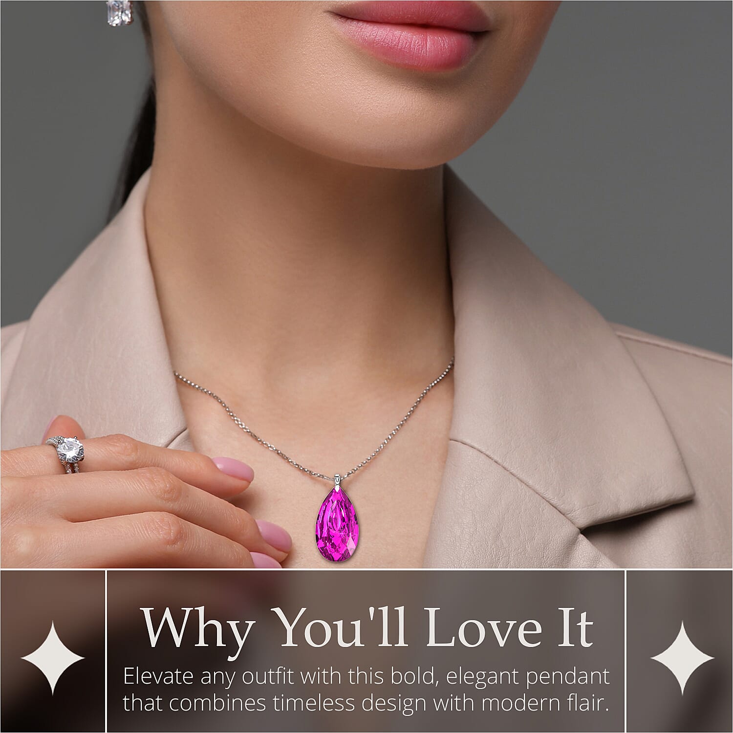 Simulated Pink Sapphire Teardrop Pendant with Stainless Steel Chain (Size 24) in Silver Tone