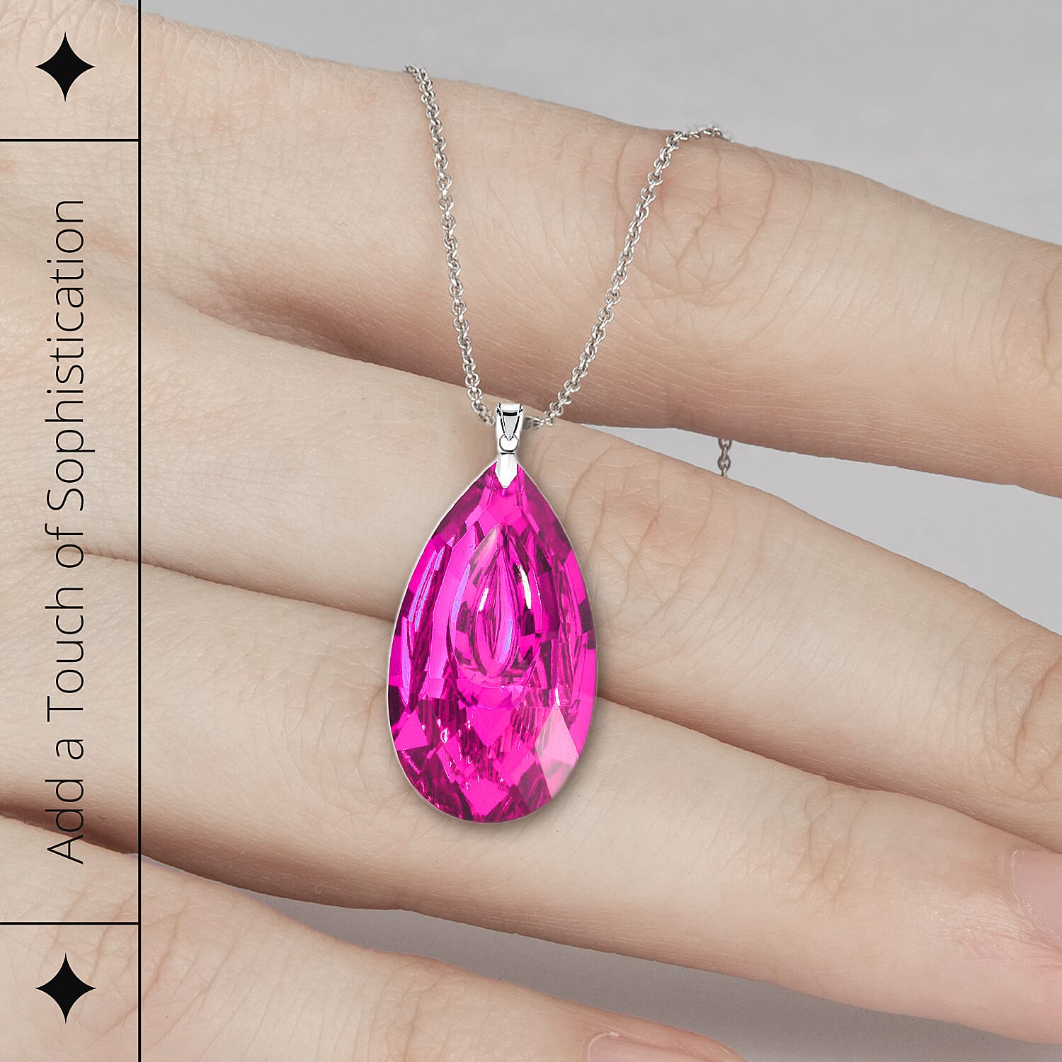 Simulated Pink Sapphire Teardrop Pendant with Stainless Steel Chain (Size 24) in Silver Tone