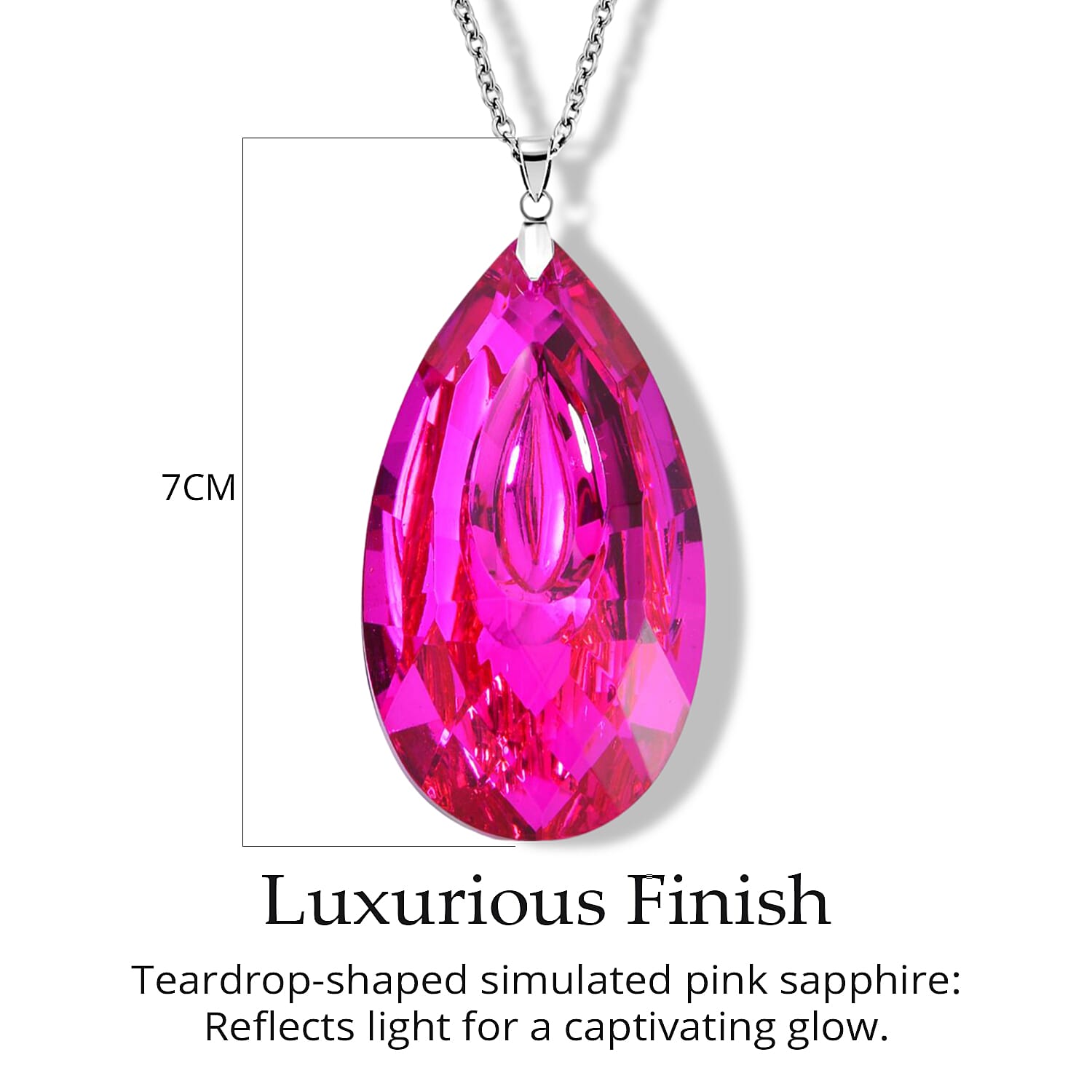 Simulated Pink Sapphire Teardrop Pendant with Stainless Steel Chain (Size 24) in Silver Tone