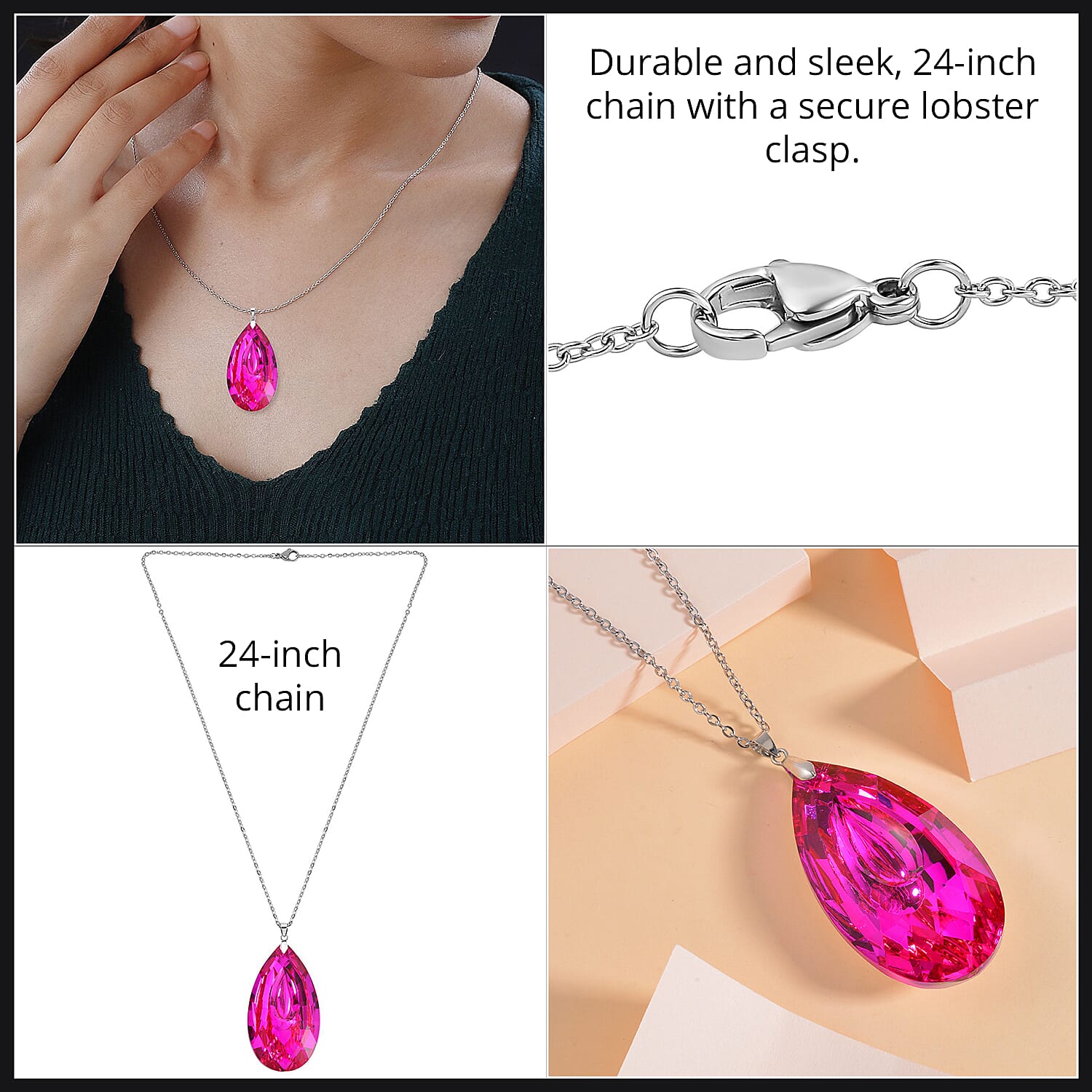 Simulated Pink Sapphire Teardrop Pendant with Stainless Steel Chain (Size 24) in Silver Tone