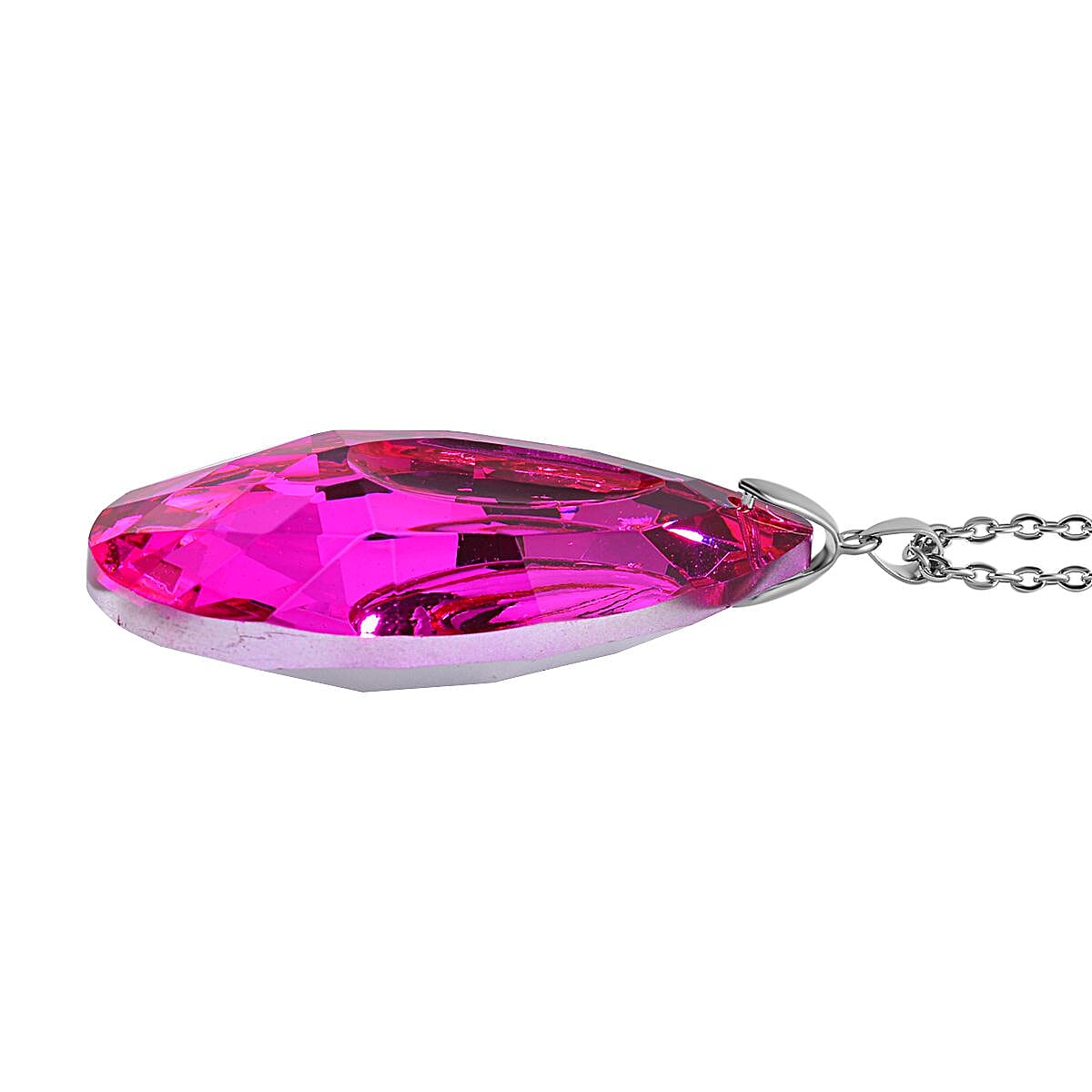 Simulated Pink Sapphire Teardrop Pendant with Stainless Steel Chain (Size 24) in Silver Tone