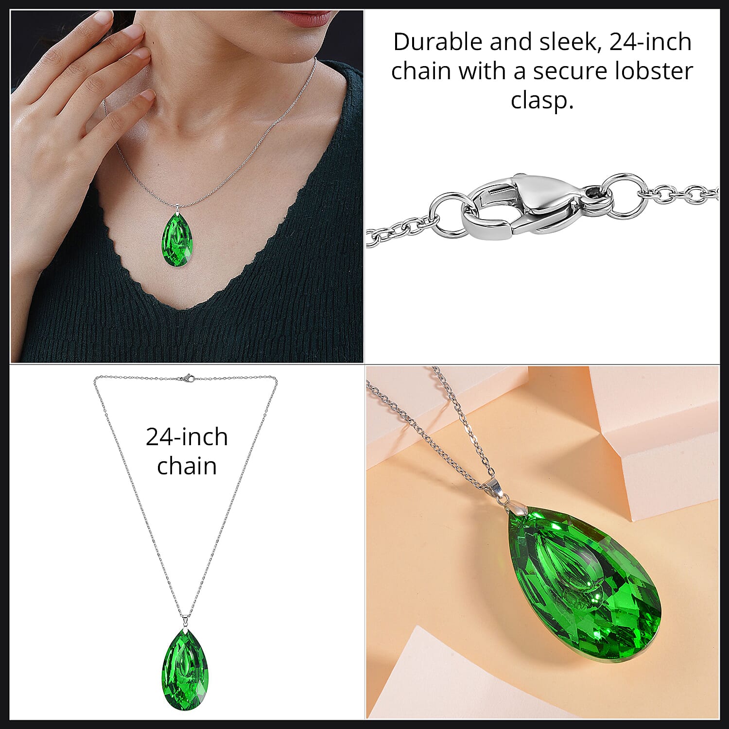 Simulated Green Sapphire Teardrop Pendant with Chain (Size 24)e Simulated Green Sapphire Teardrop Pendant with Chain (Size 24)e