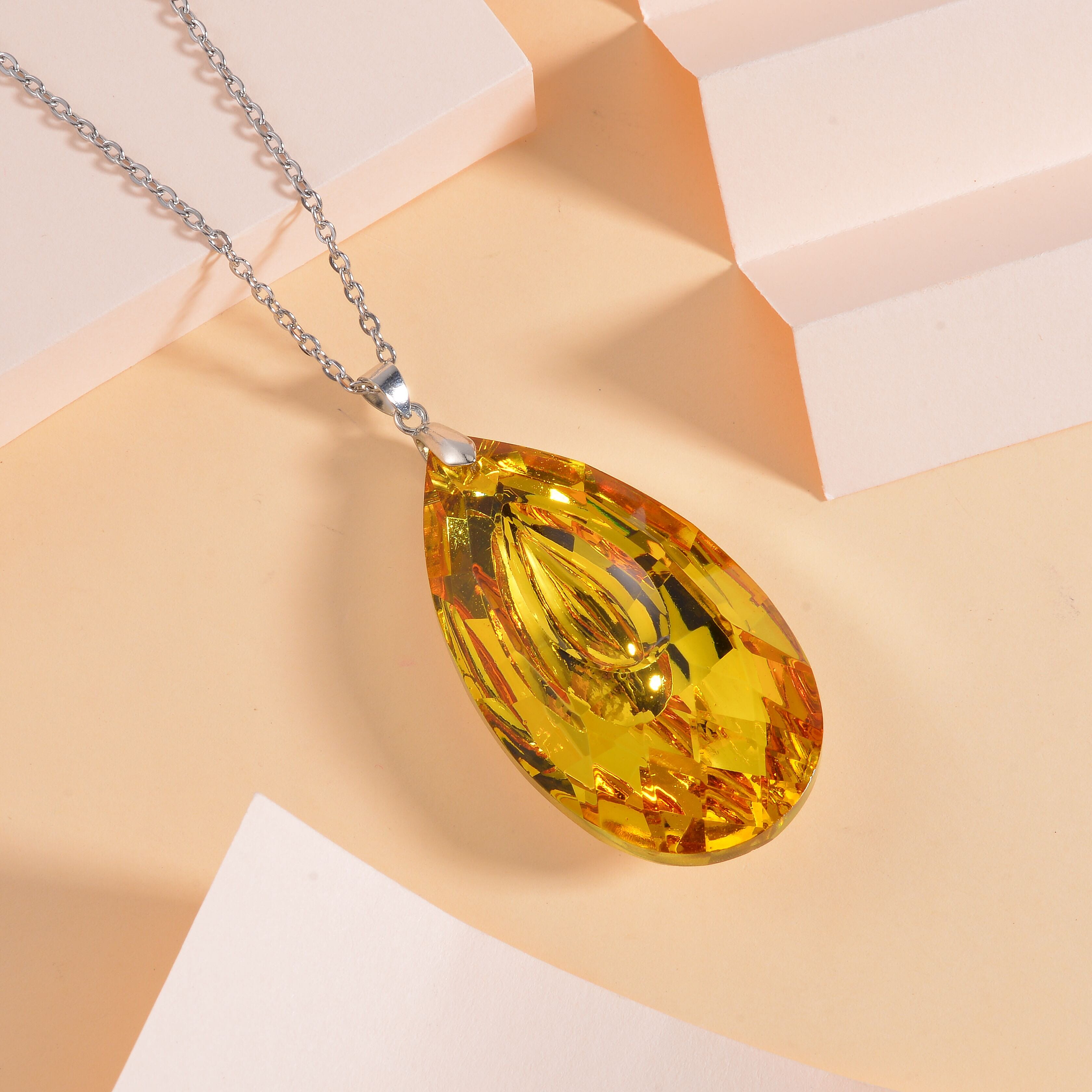 Simulated Yellow Sapphire Teardrop Pendant with Chain (Size 24)