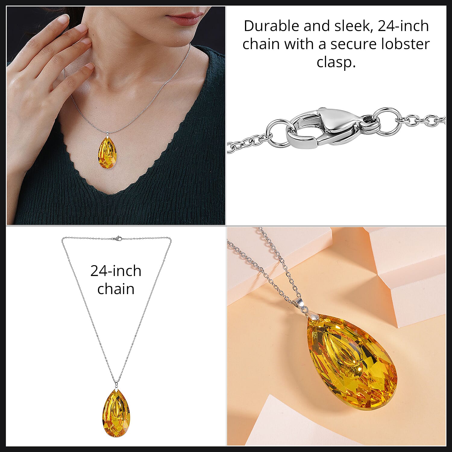 Simulated Yellow Sapphire Teardrop Pendant with Chain (Size 24)