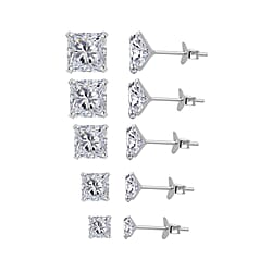 Set of 5 - Cubic Zirconia Solitaire Earrings Sterling Silver 8.90 Ct.