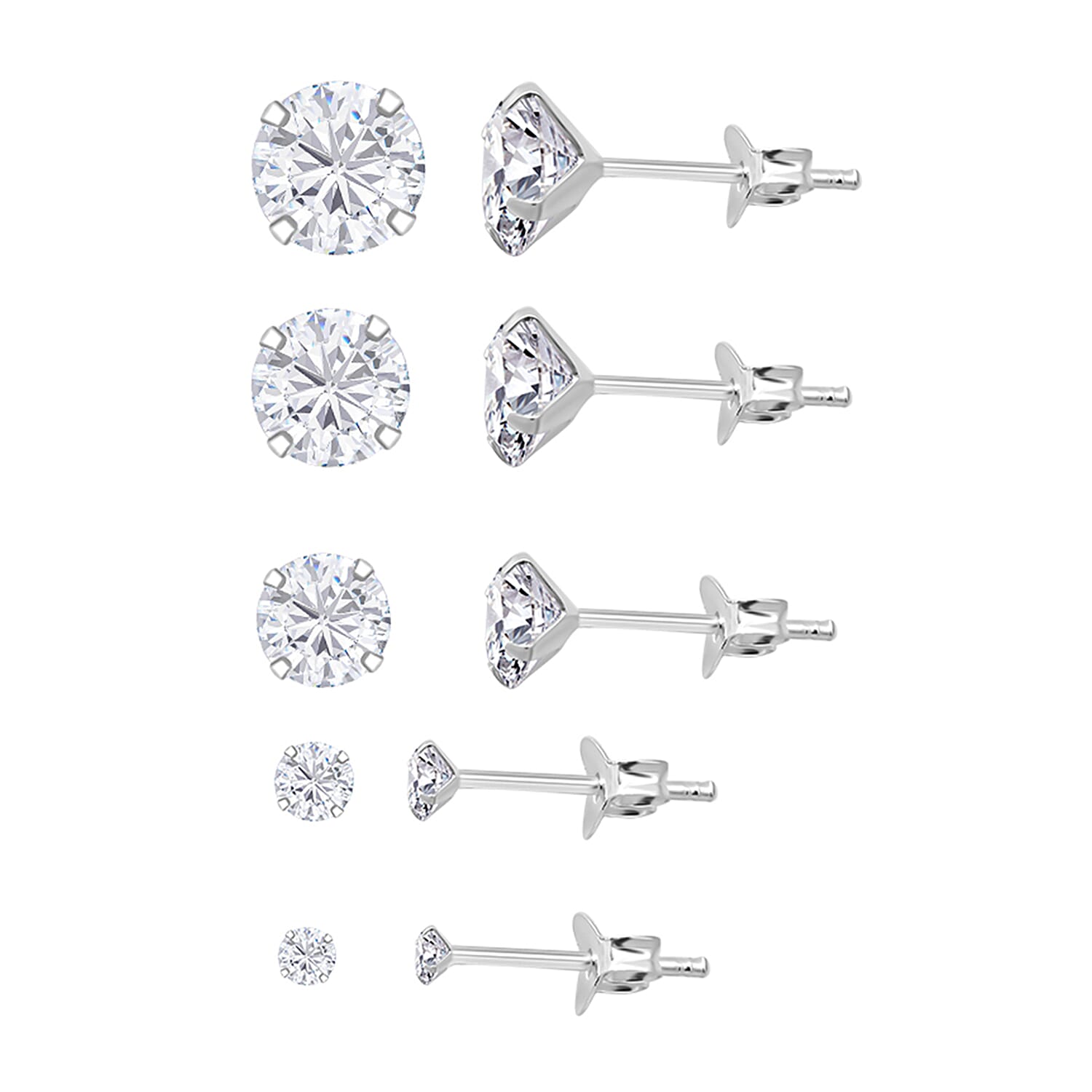 Set of 5 - Cubic Zirconia Solitaire Earrings Sterling Silver 9.20 Ct.