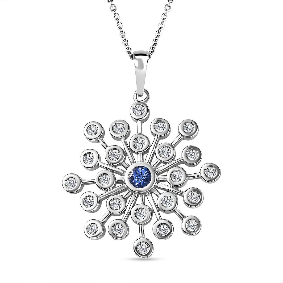 Tanzanite & Natural Zircon Snowflake Pendant with Chain (Size 20) in Platinum Overlay Sterling Silver 1.55 Ct, Silver Wt. 7.20 Gms