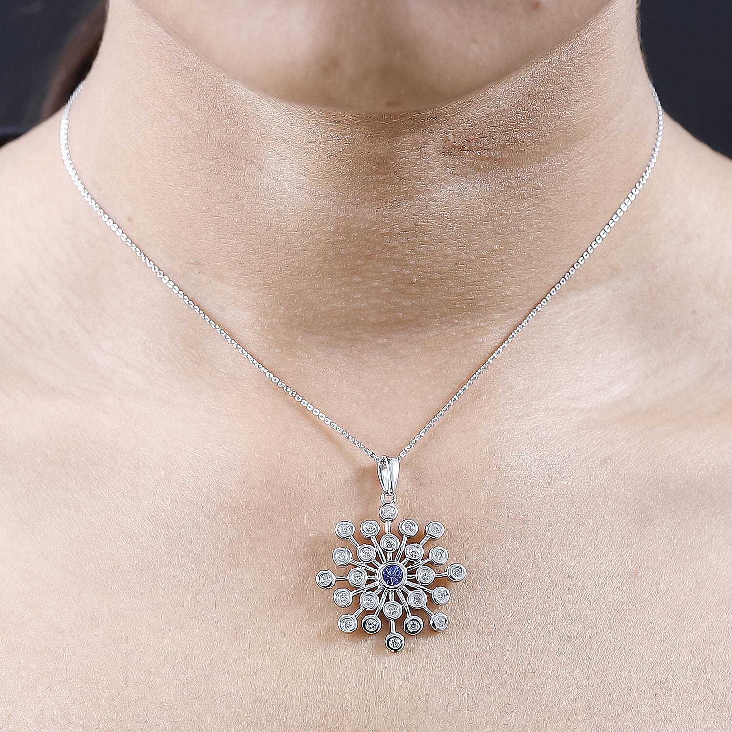Tanzanite & Natural Zircon Snowflake Pendant with Chain (Size 20) in Platinum Overlay Sterling Silver 1.55 Ct, Silver Wt. 7.20 Gms